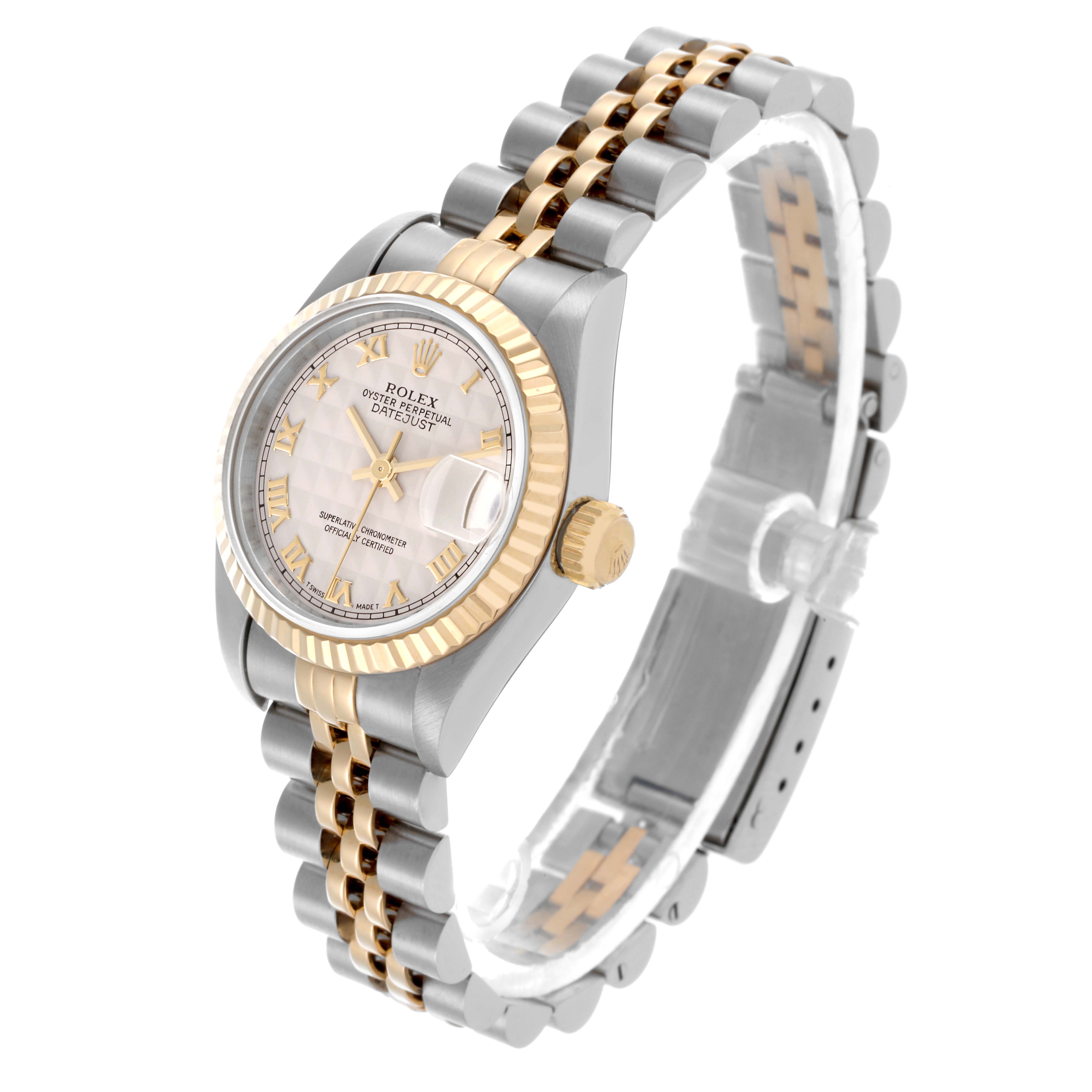 The Rolex Datejust 69173 Women's Steel and Gold (two tone) Beige Dial 69173 Women's Steel and Gold (two tone) Beige Dial watch is shown at an angled side view, displaying its dial, case, bezel, crown, and jubilee bracelet.
