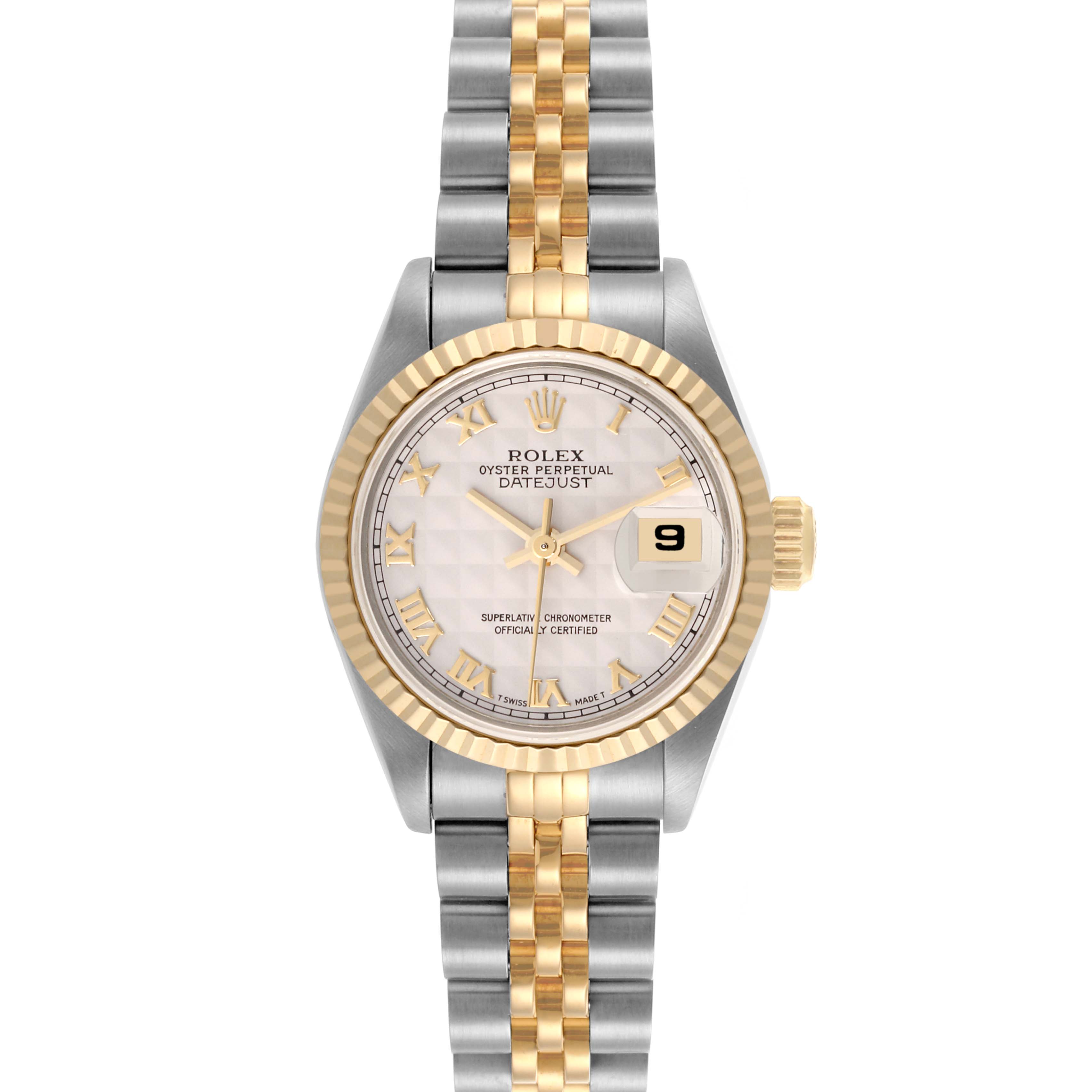 The Rolex Datejust 69173 Women's Steel and Gold (two tone) Beige Dial 69173 Women's Steel and Gold (two tone) Beige Dial watch is shown from a frontal angle, highlighting the dial, bezel, and bracelet.