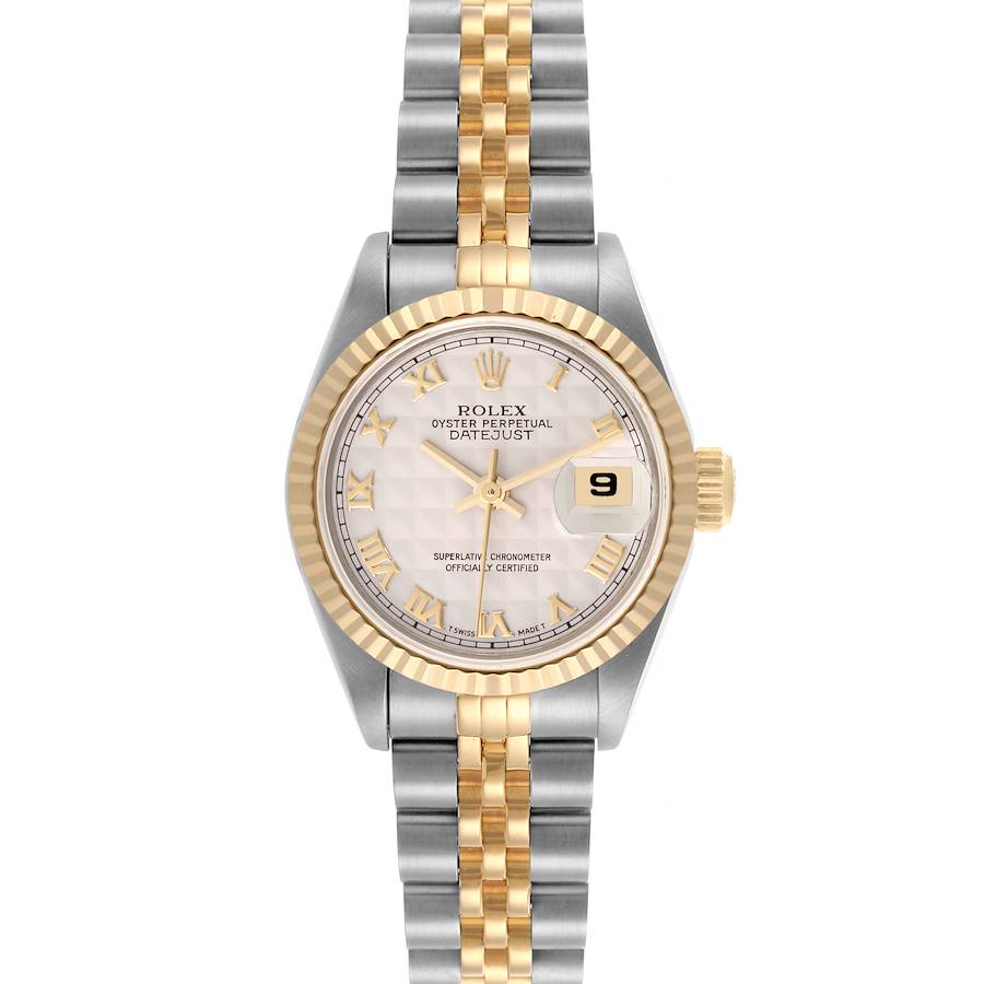 The Rolex Datejust watch is shown from a frontal angle, highlighting the dial, bezel, and bracelet.