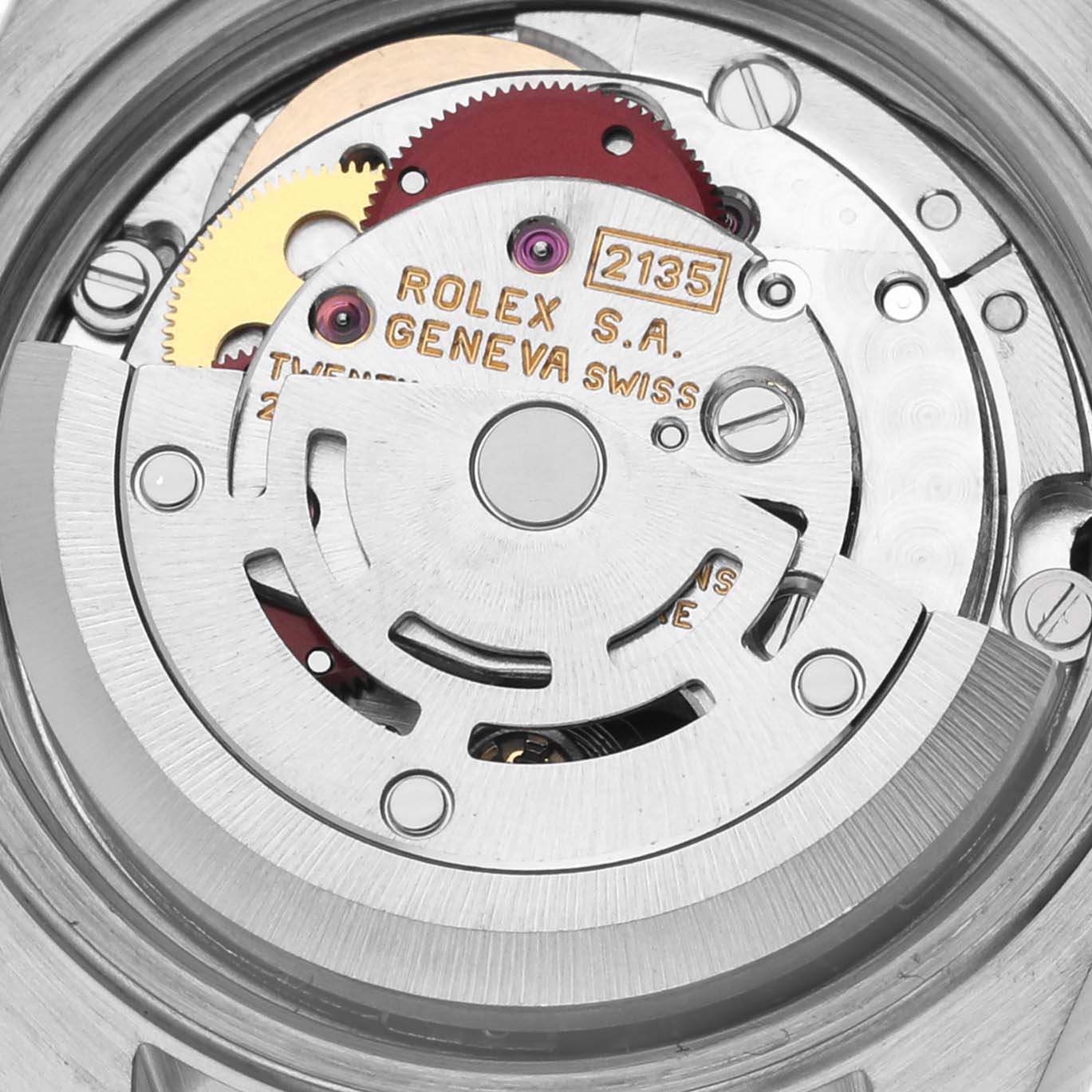 The image shows the intricate movement components of a Rolex Datejust 69173 Women's Steel and Gold (two tone) Beige Dial 69173 Women's Steel and Gold (two tone) Beige Dial watch from the backside angle.