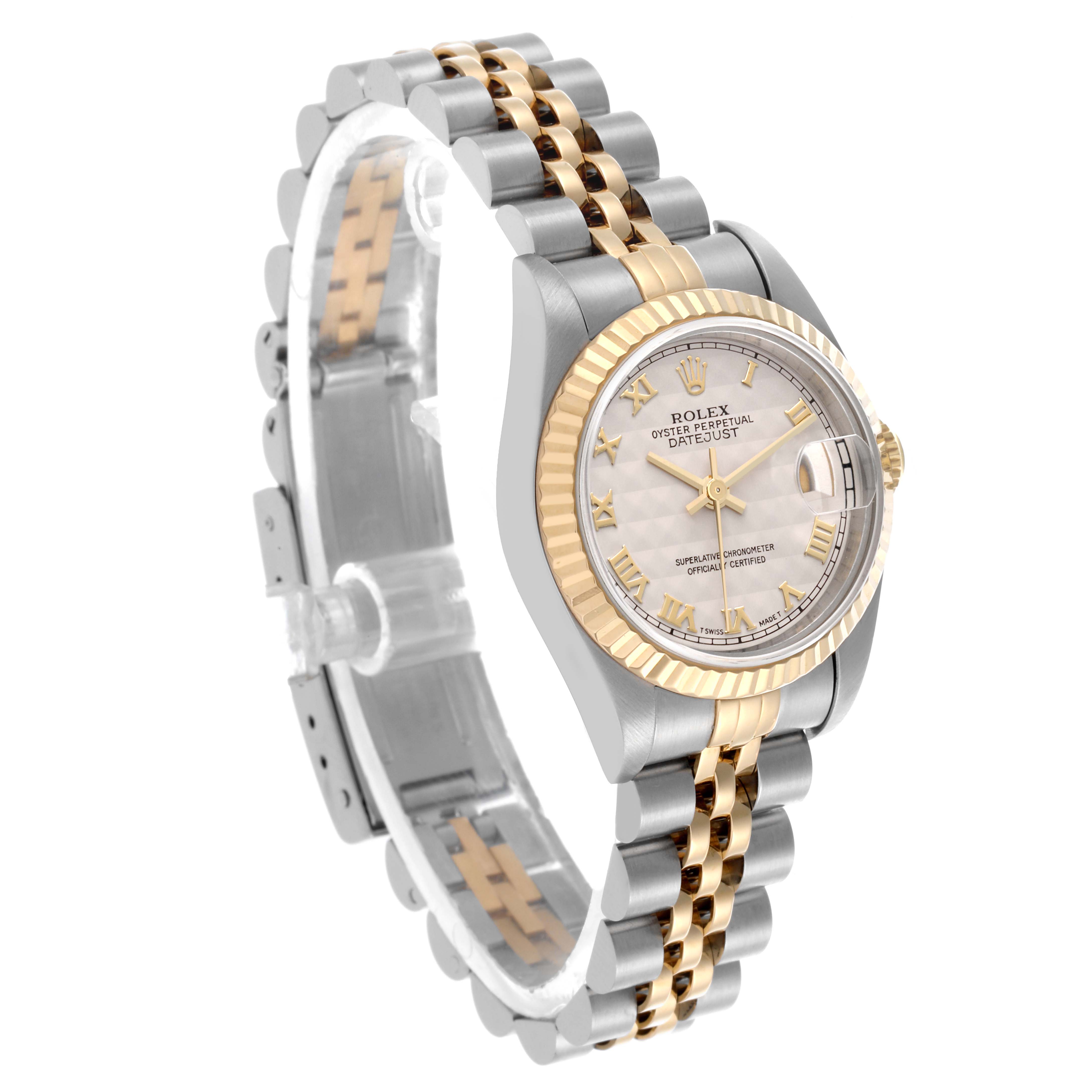 The Rolex Datejust 69173 Women's Steel and Gold (two tone) Beige Dial 69173 Women's Steel and Gold (two tone) Beige Dial watch is shown at an oblique angle, featuring its face, bezel, and two-tone bracelet.
