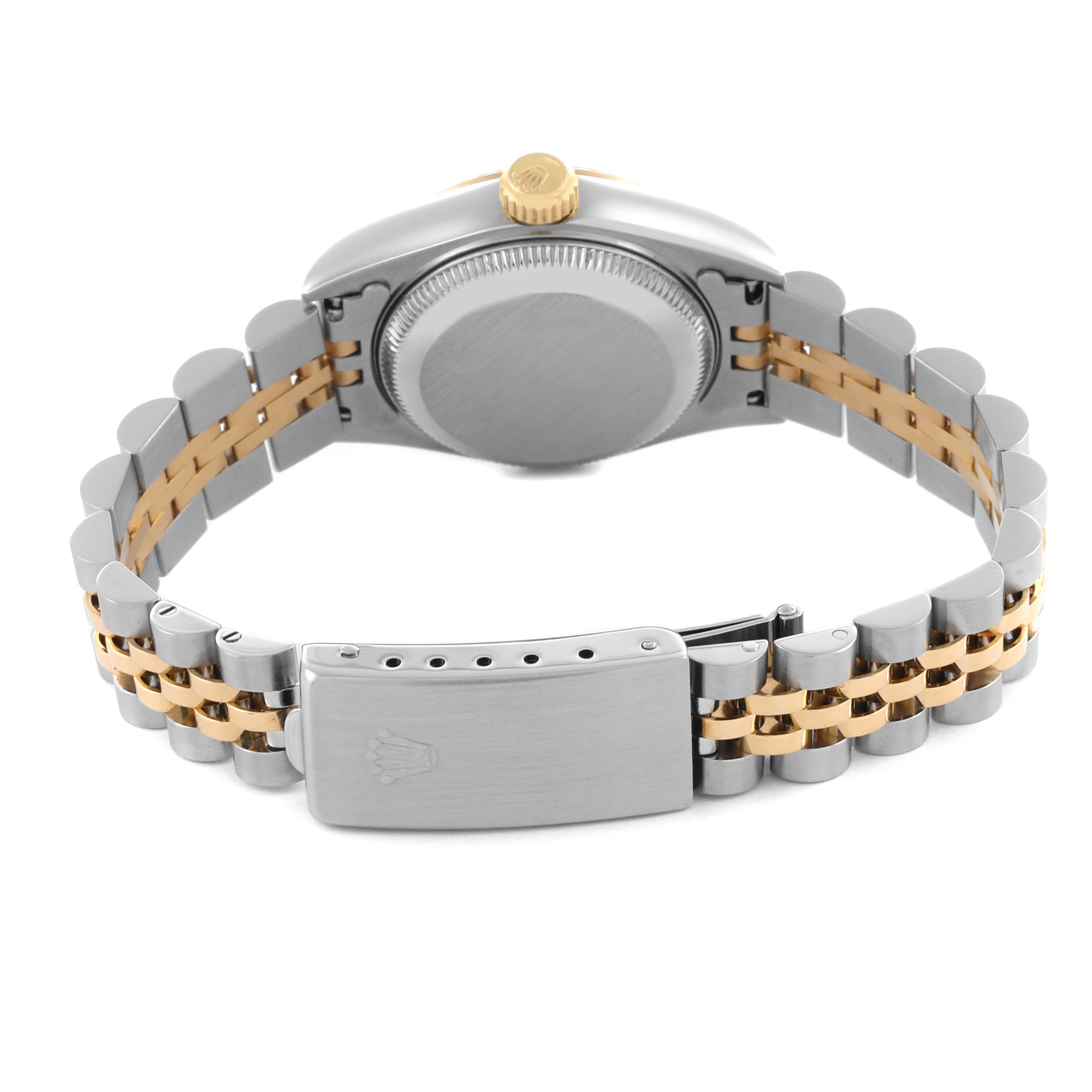 The image shows the back view of a Rolex Datejust 69173 Women's Steel and Gold (two tone) Beige Dial 69173 Women's Steel and Gold (two tone) Beige Dial, highlighting the clasp and bracelet links.