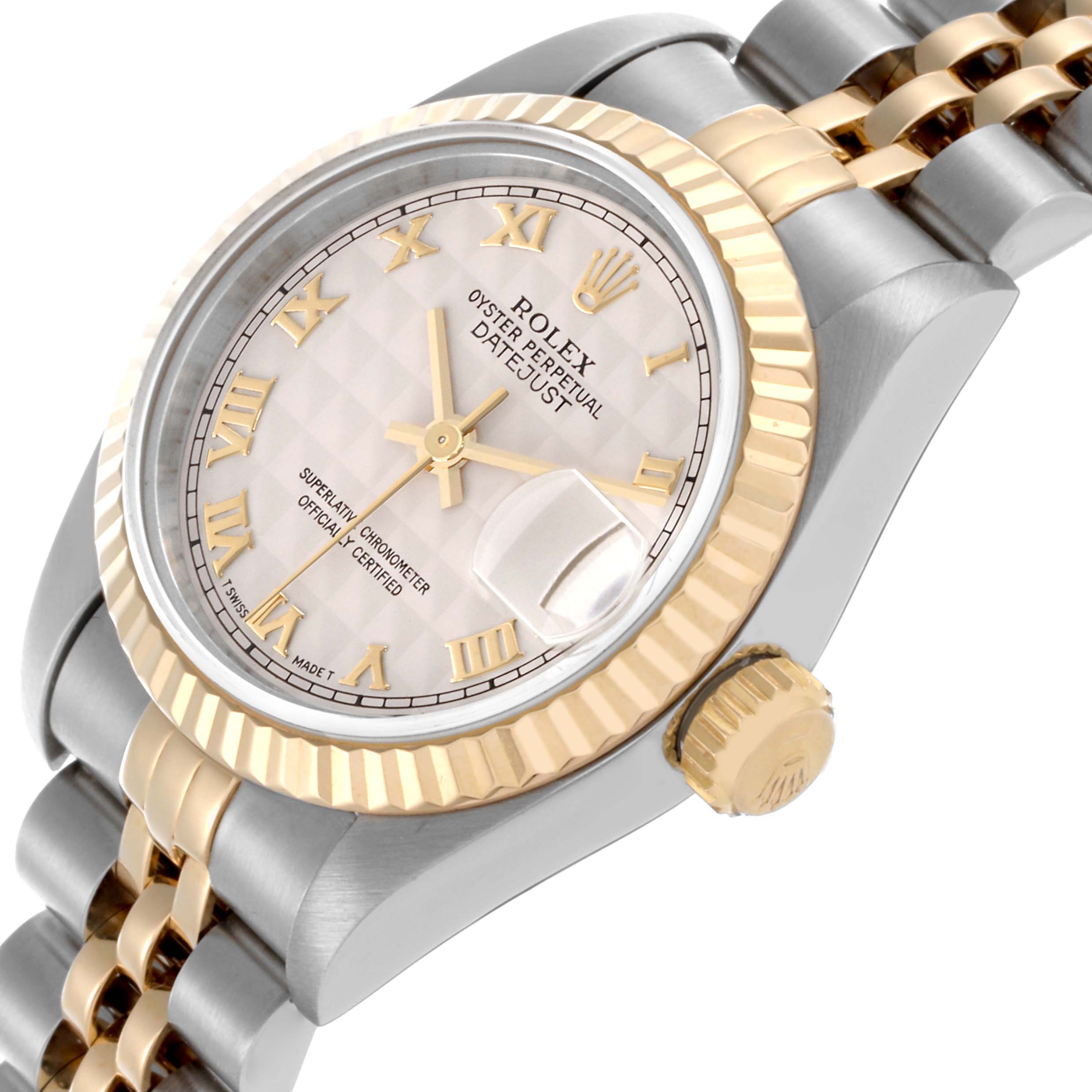 The Rolex Datejust 69173 Women's Steel and Gold (two tone) Beige Dial 69173 Women's Steel and Gold (two tone) Beige Dial watch is shown at a slight angle, highlighting the bezel, crown, and part of the bracelet.