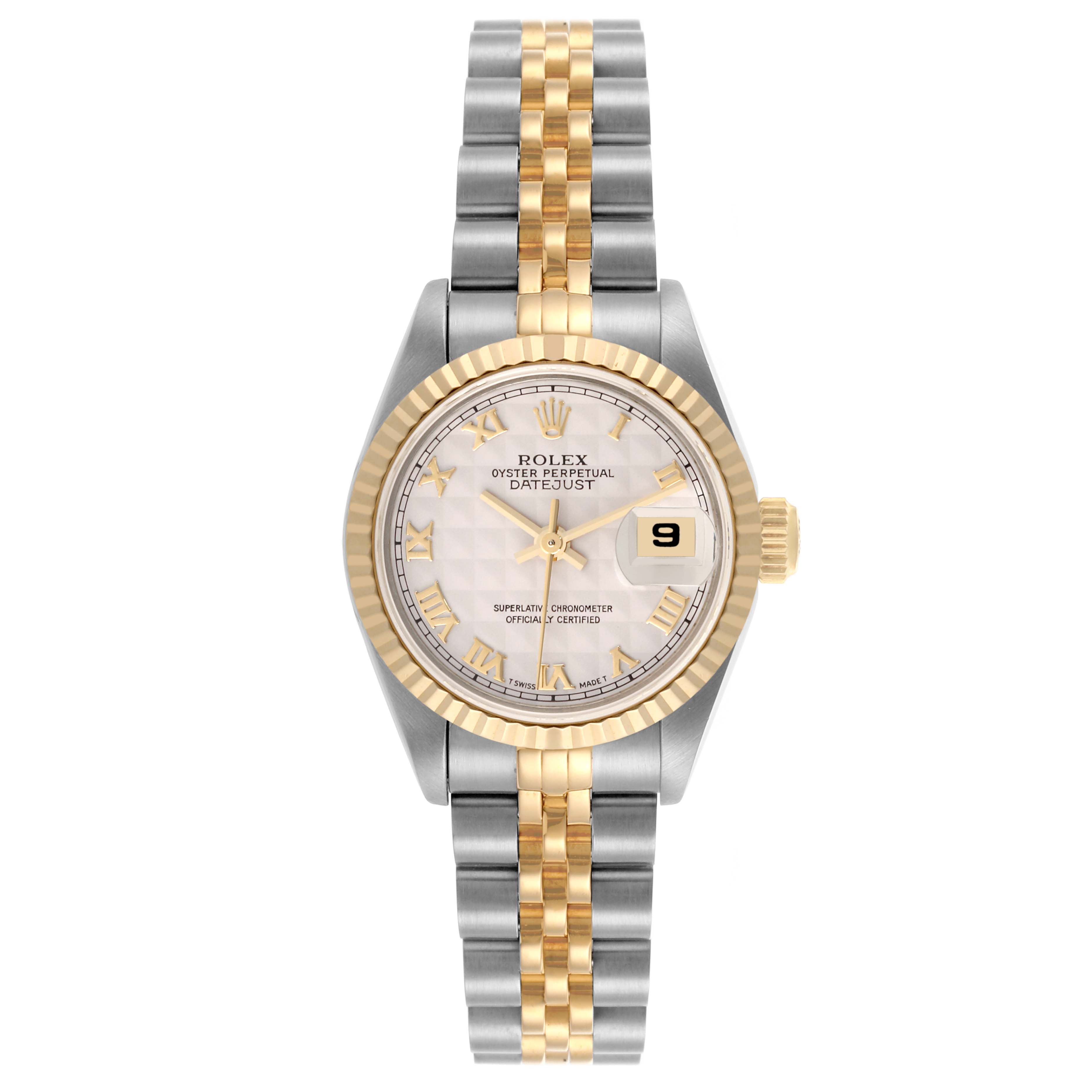 The Rolex Datejust 69173 Women's Steel and Gold (two tone) Beige Dial 69173 Women's Steel and Gold (two tone) Beige Dial watch is shown from the front, displaying the face, bezel, bracelet, and date window.