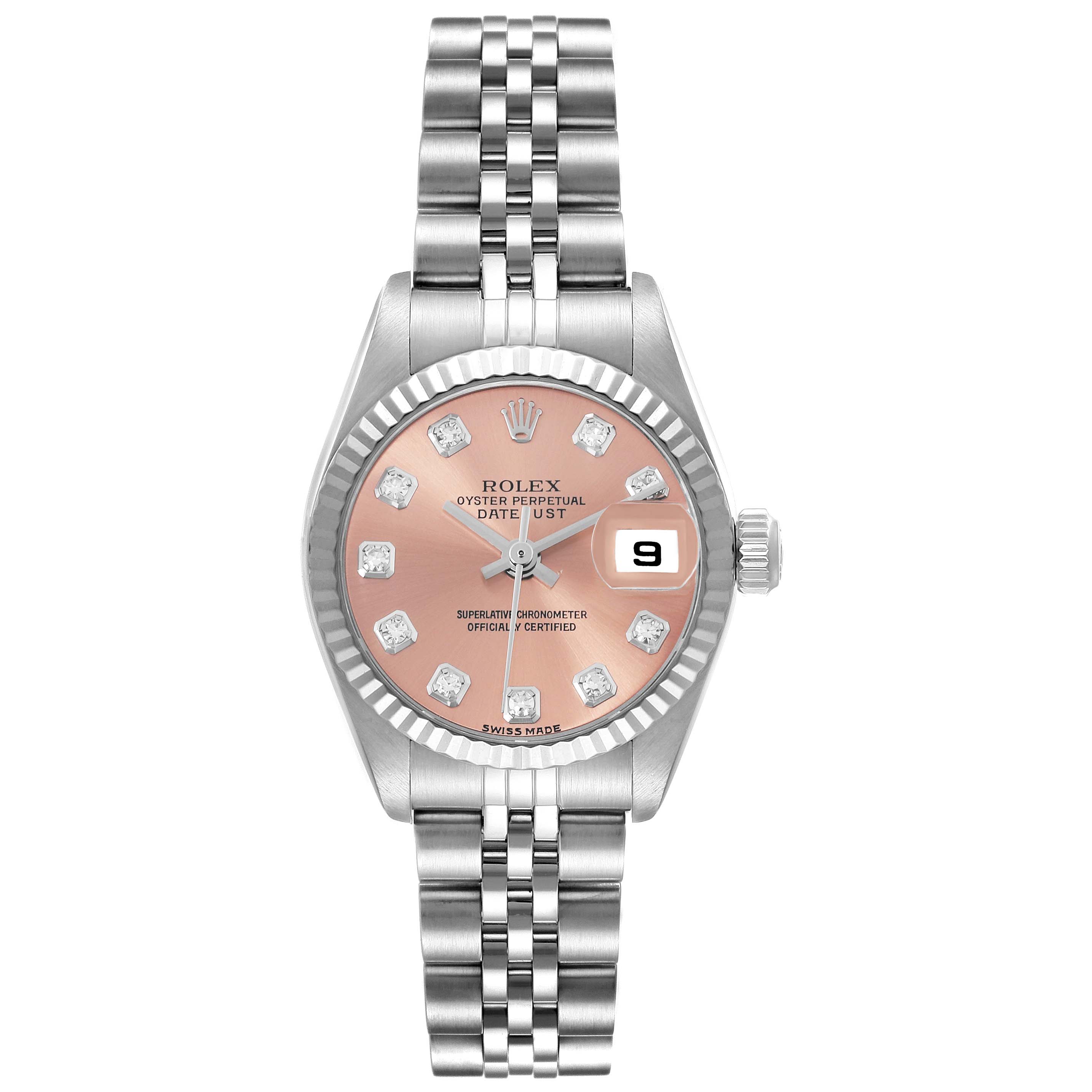 The Rolex Datejust 79174 Women's Stainless Steel Pink Dial 79174 Women's Stainless Steel Pink Dial watch is shown from the front, displaying its face, bracelet, and date feature.