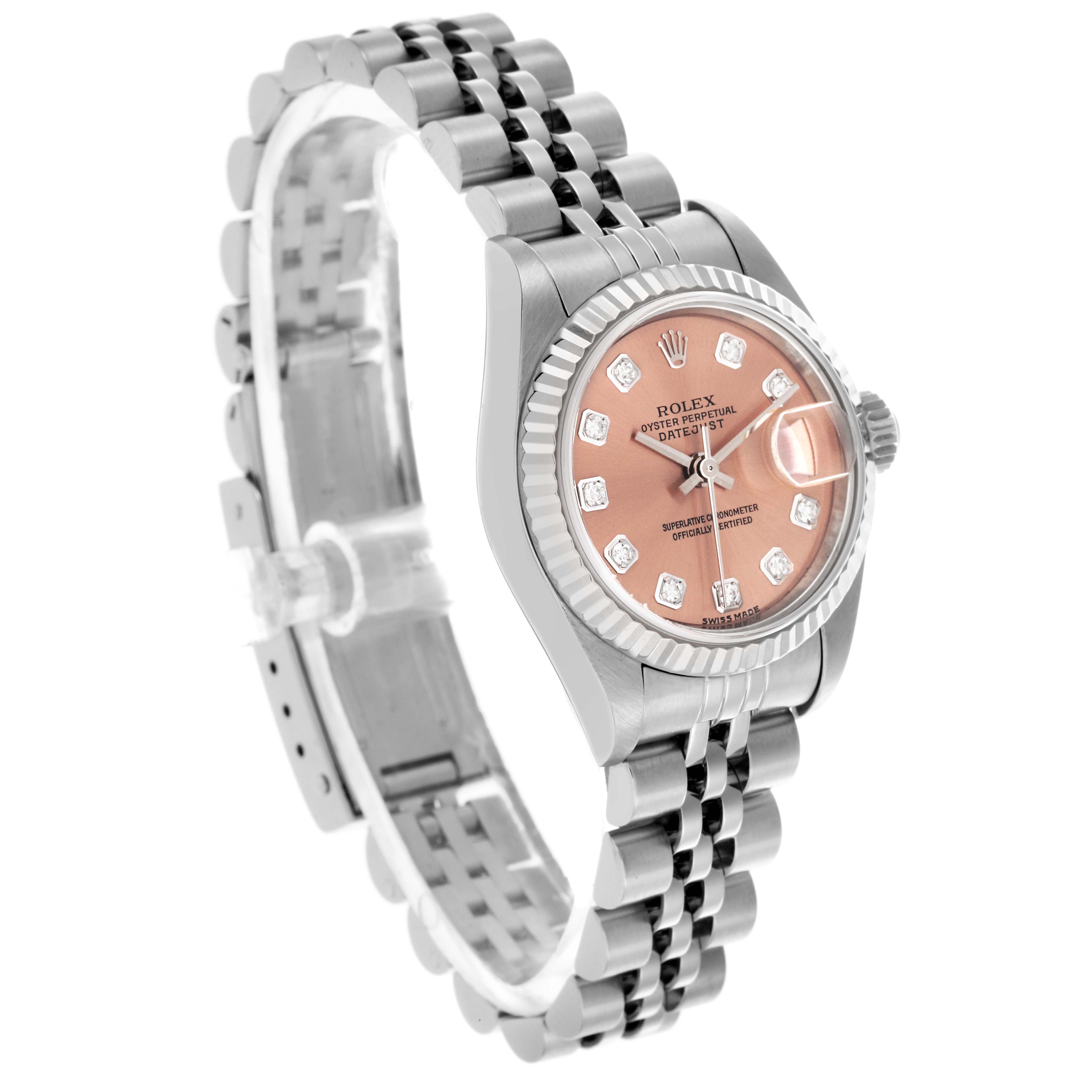 The Rolex Datejust 79174 Women's Stainless Steel Pink Dial 79174 Women's Stainless Steel Pink Dial watch is angled to show the face, bezel, crown, and part of the bracelet.