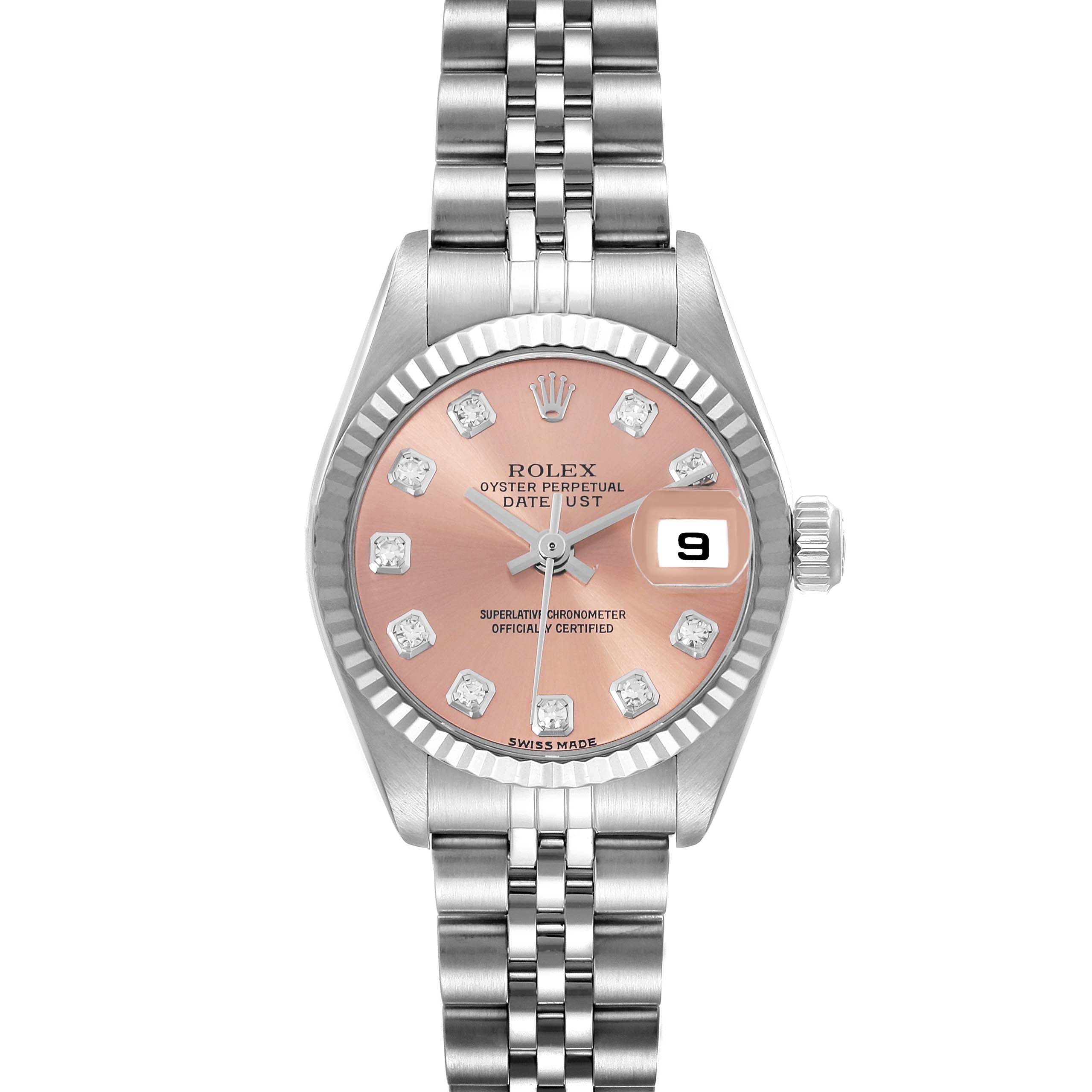 The Rolex Datejust 79174 Women's Stainless Steel Pink Dial 79174 Women's Stainless Steel Pink Dial watch is shown from a top-down angle, displaying its dial, bezel, bracelet, and date function.