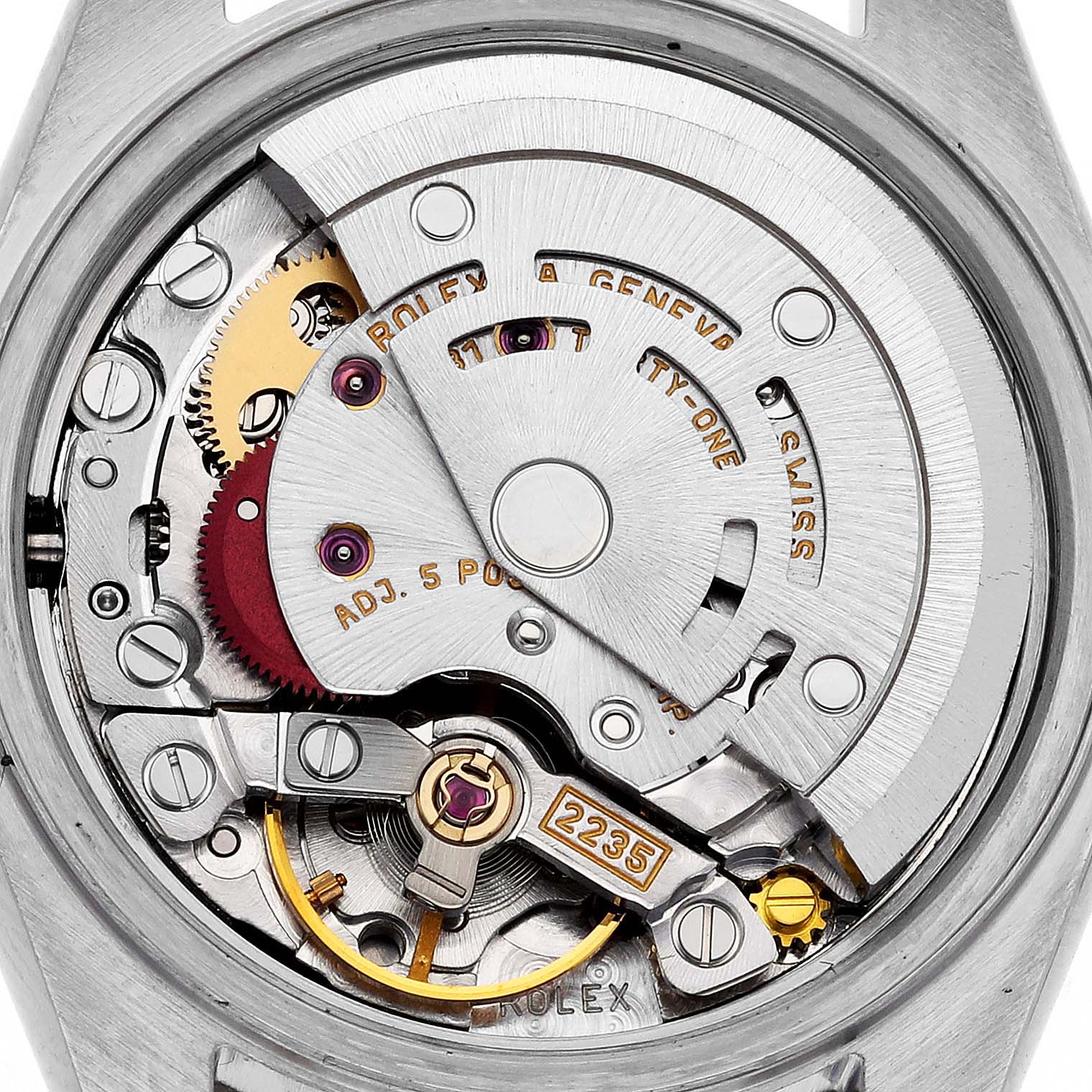 The image shows the movement and inner mechanics of a Rolex Datejust 79174 Women's Stainless Steel Pink Dial 79174 Women's Stainless Steel Pink Dial watch from a back angle.