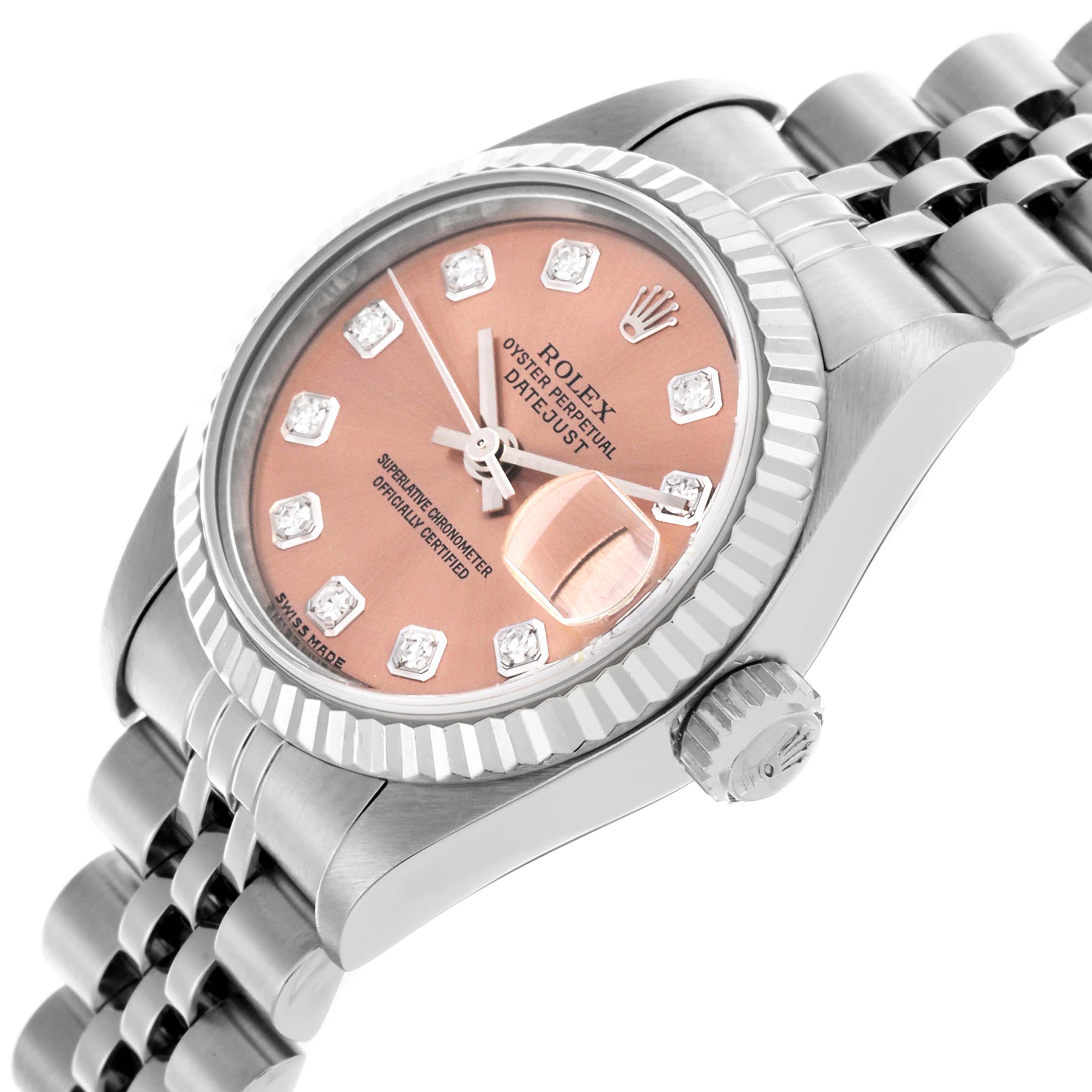 The Rolex Datejust 79174 Women's Stainless Steel Pink Dial 79174 Women's Stainless Steel Pink Dial watch is shown from a side angle, highlighting the dial, bezel, crown, and part of the bracelet.