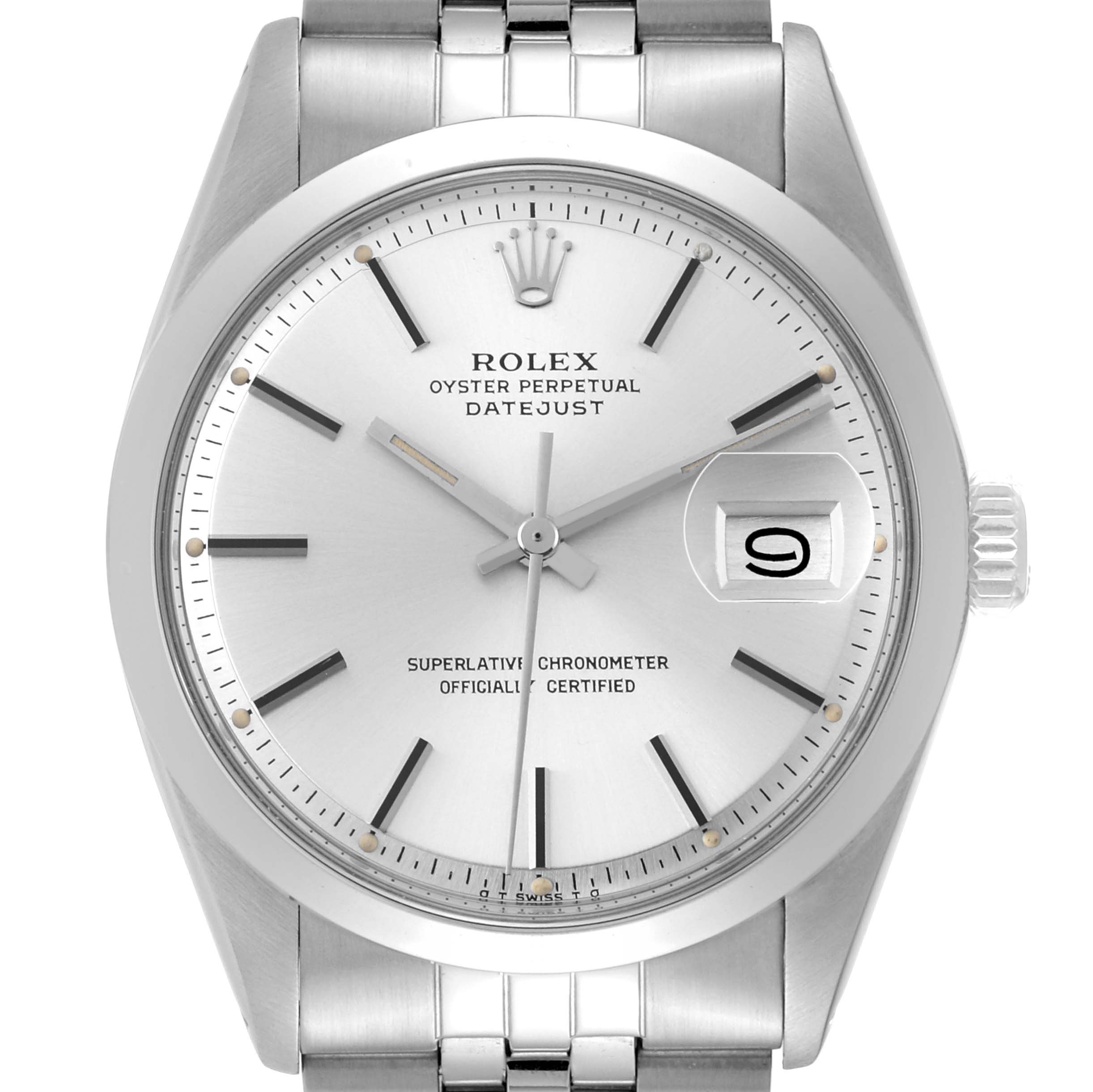 The image shows a front view of a Rolex Vintage Collection 1600 Men's Stainless Steel Silver Dial 1600 Men's Stainless Steel Silver Dial Oyster Perpetual Datejust watch, highlighting its dial, hour markers, and bracelet.