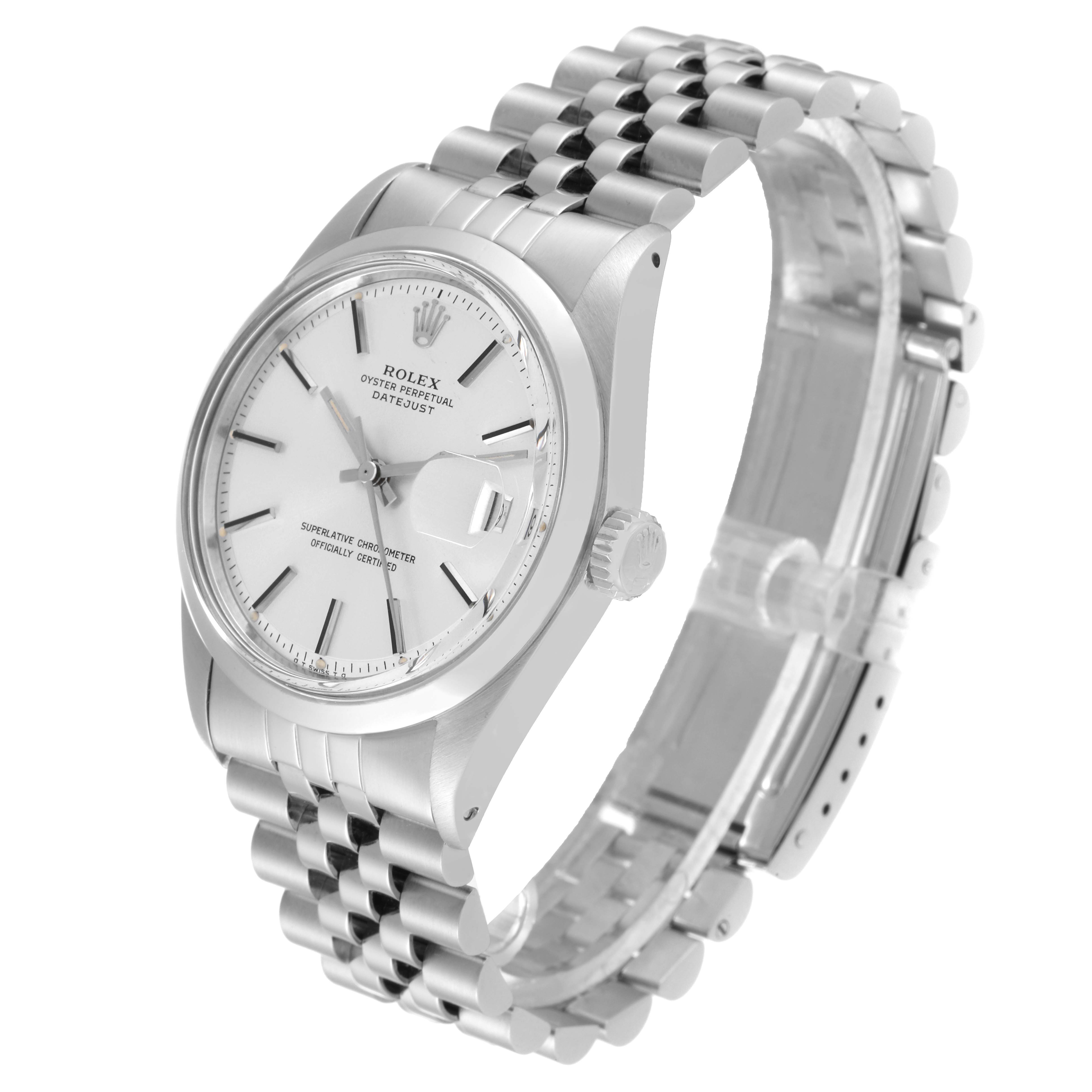 This image shows a side and top angle of the Rolex Vintage Collection 1600 Men's Stainless Steel Silver Dial 1600 Men's Stainless Steel Silver Dial Datejust watch, highlighting the face, bezel, and bracelet.