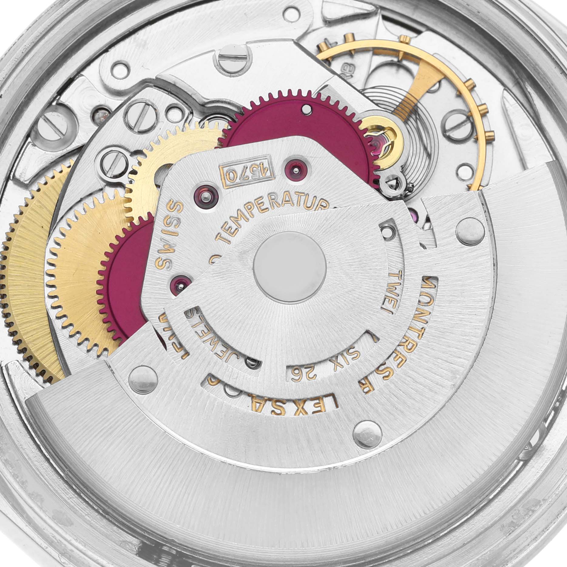 The image shows the intricate internal mechanism of a Rolex Vintage Collection 1600 Men's Stainless Steel Silver Dial 1600 Men's Stainless Steel Silver Dial watch, highlighting its gears and jeweled components.