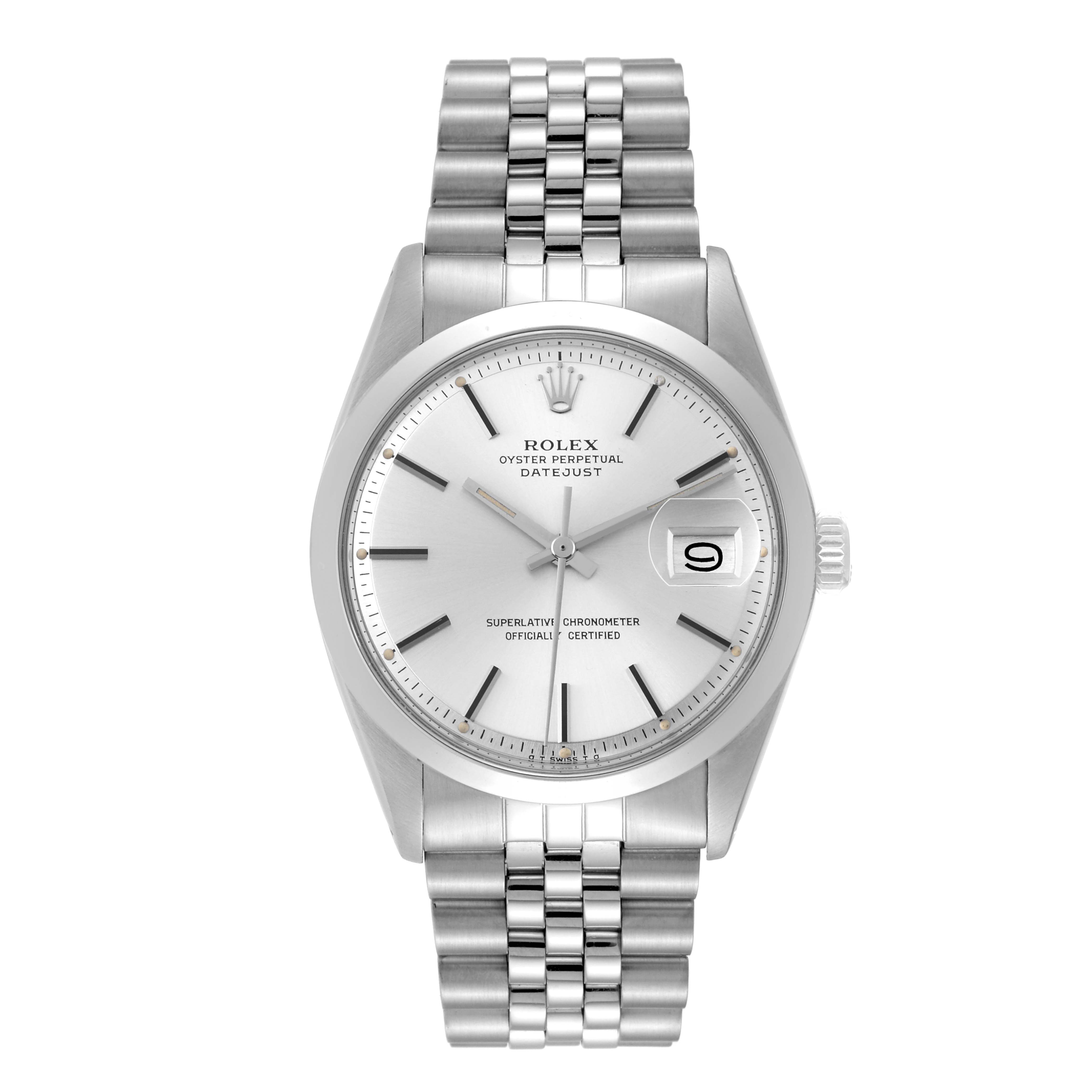The image shows a front view of a Rolex Vintage Collection 1600 Men's Stainless Steel Silver Dial 1600 Men's Stainless Steel Silver Dial Oyster Perpetual Datejust watch, featuring a silver dial and Jubilee bracelet.