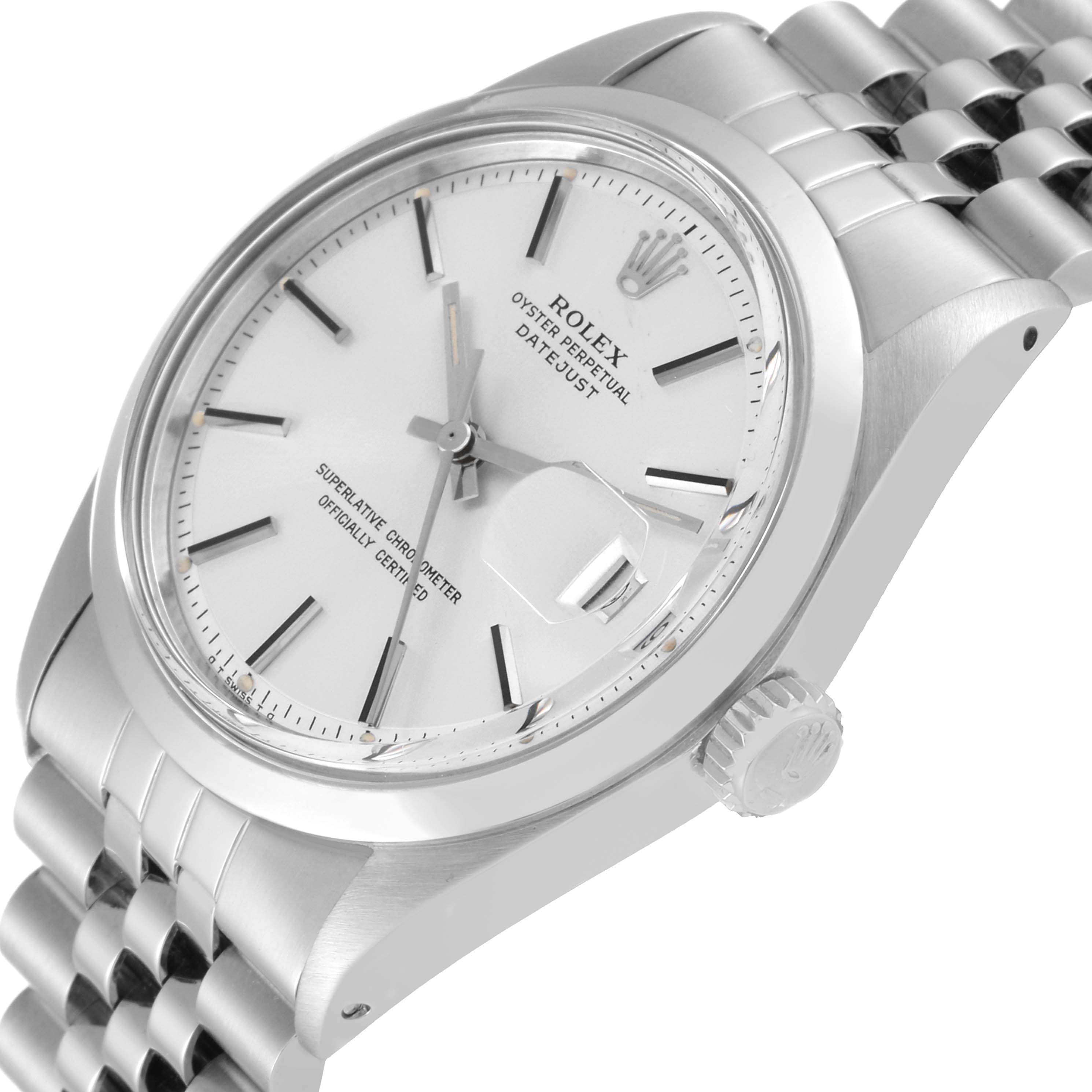 The image shows a close-up angled view of the Rolex Vintage Collection 1600 Men's Stainless Steel Silver Dial 1600 Men's Stainless Steel Silver Dial Datejust, highlighting the dial, bezel, crown, and part of the bracelet.