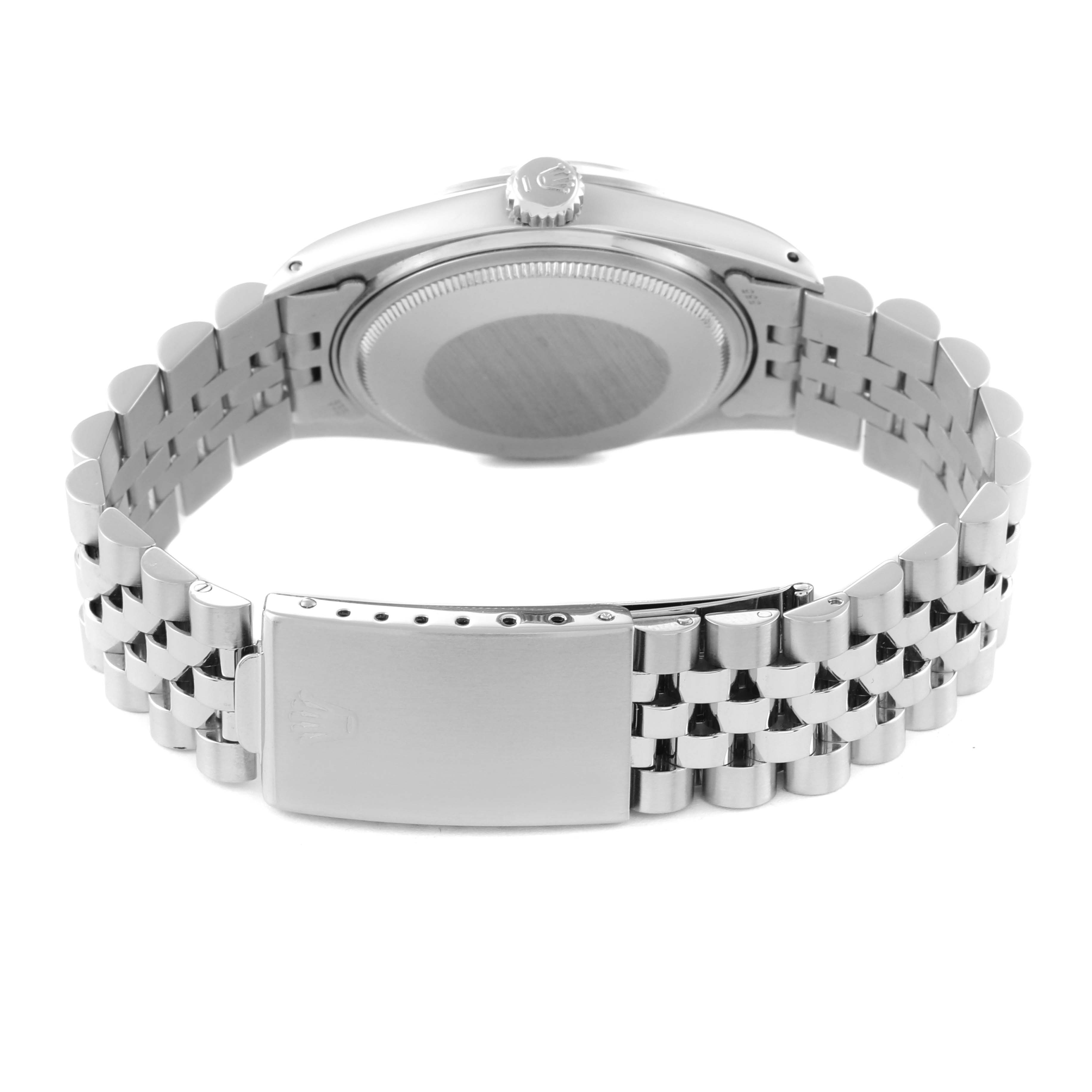 The image shows the back view of a Rolex Vintage Collection 1600 Men's Stainless Steel Silver Dial 1600 Men's Stainless Steel Silver Dial model, highlighting the case back and metal bracelet.