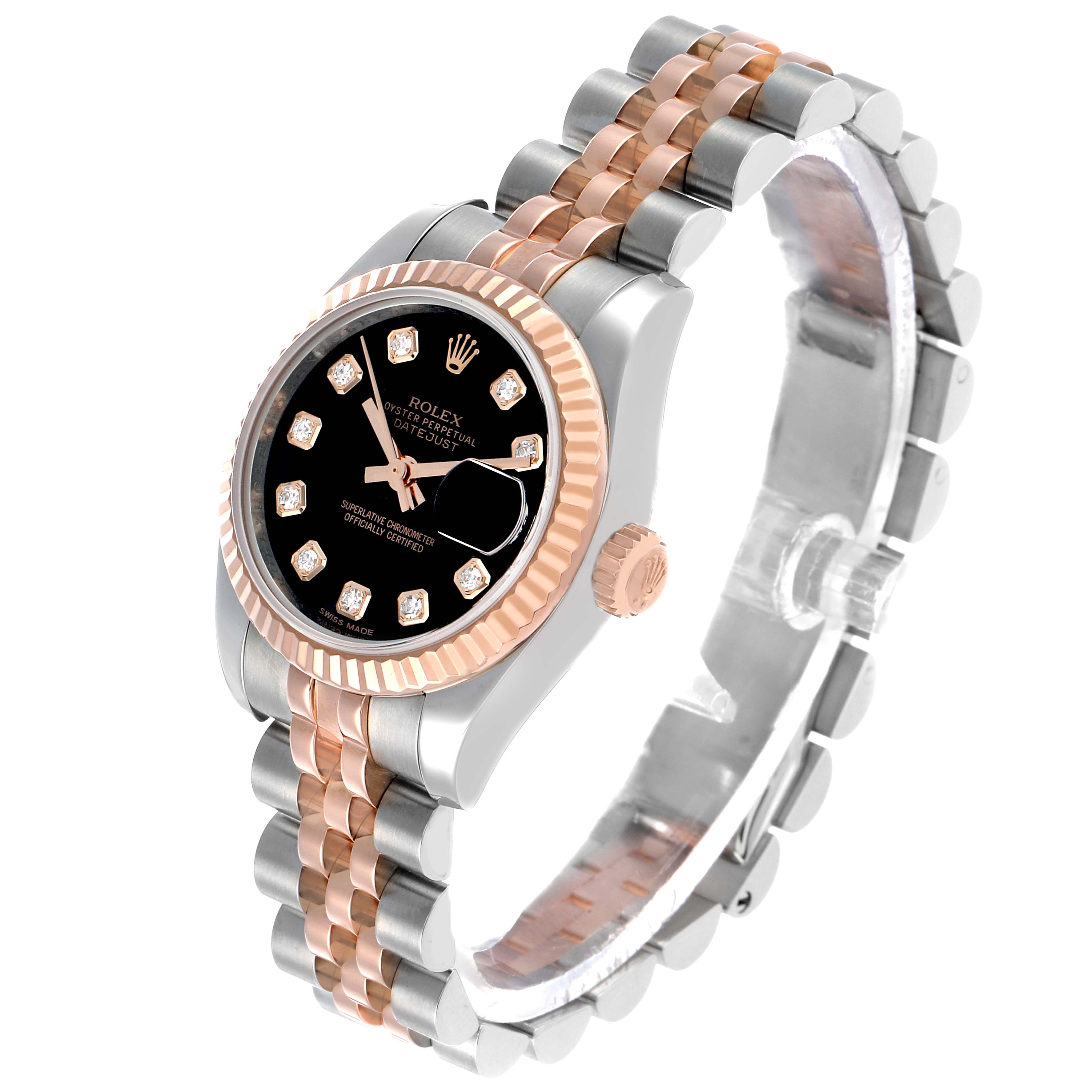 The Rolex Datejust 179171 Women's Steel and Gold (two tone) Black Dial watch is shown at a three-quarter angle, highlighting its face, bezel, crown, and bracelet.
