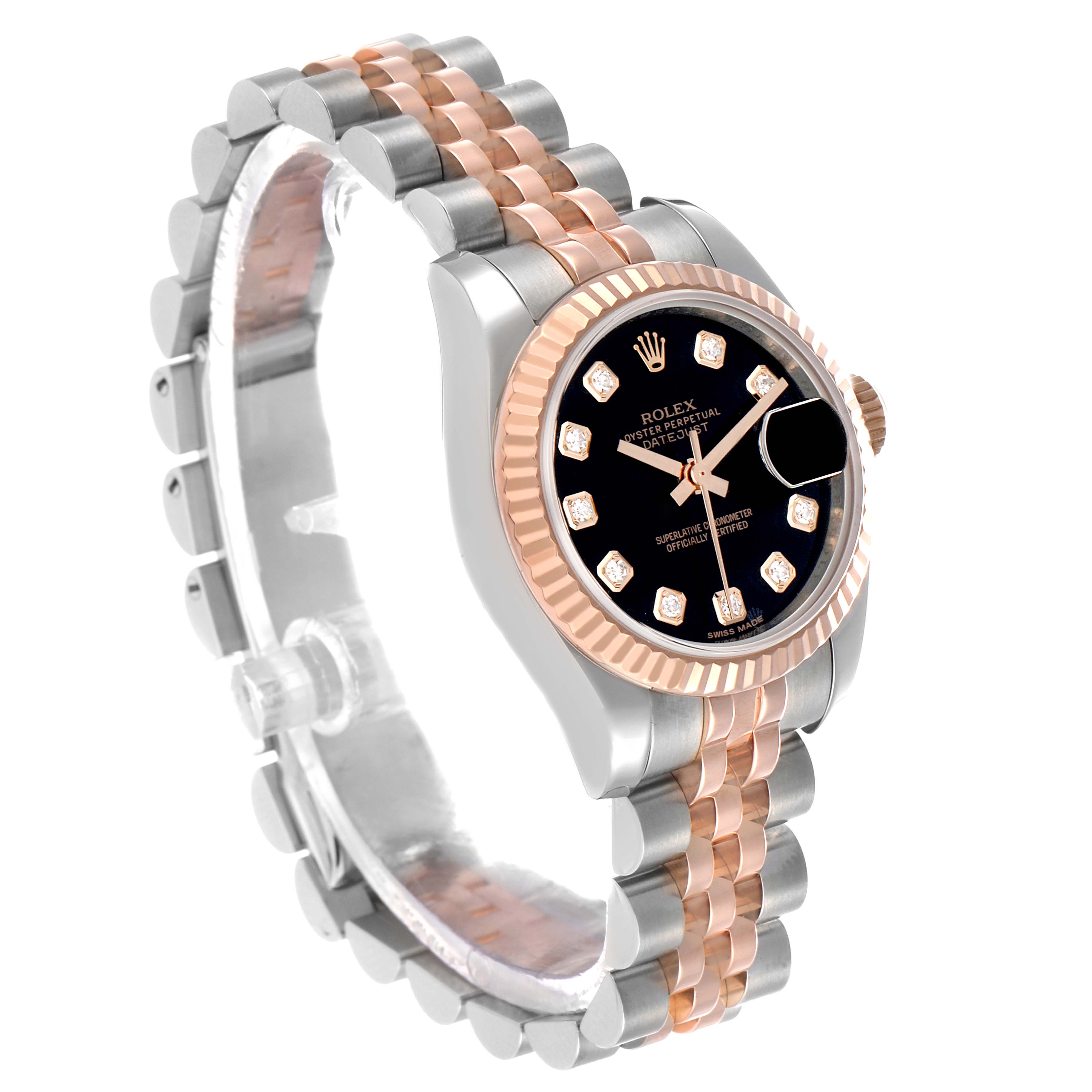 The Rolex Datejust 179171 Women's Steel and Gold (two tone) Black Dial watch is shown at a slight angle, highlighting the bezel, face, and Jubilee bracelet.