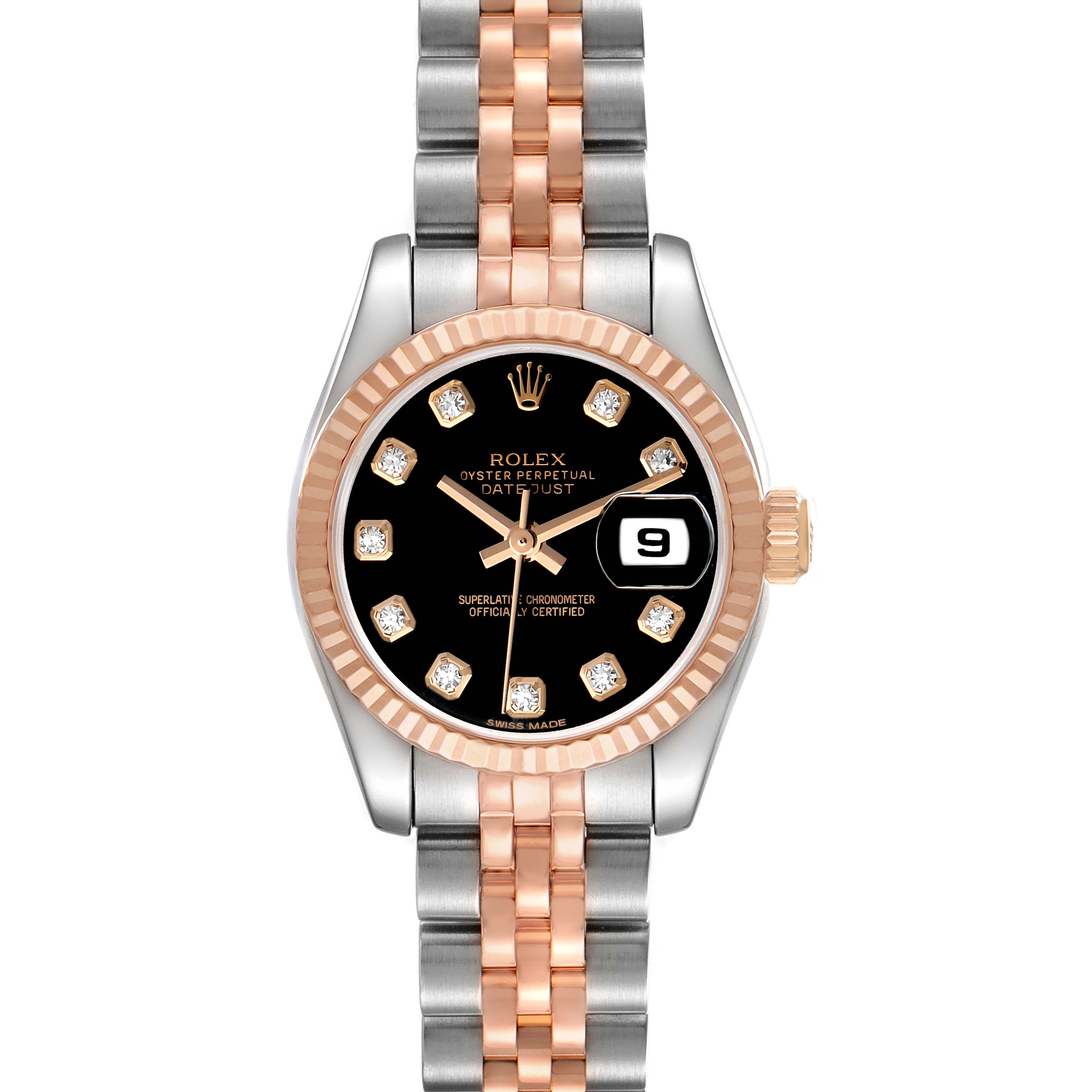 The Rolex Datejust 179171 Women's Steel and Gold (two tone) Black Dial watch is shown from a top view, highlighting the dial, crown, bezel, and two-tone bracelet.