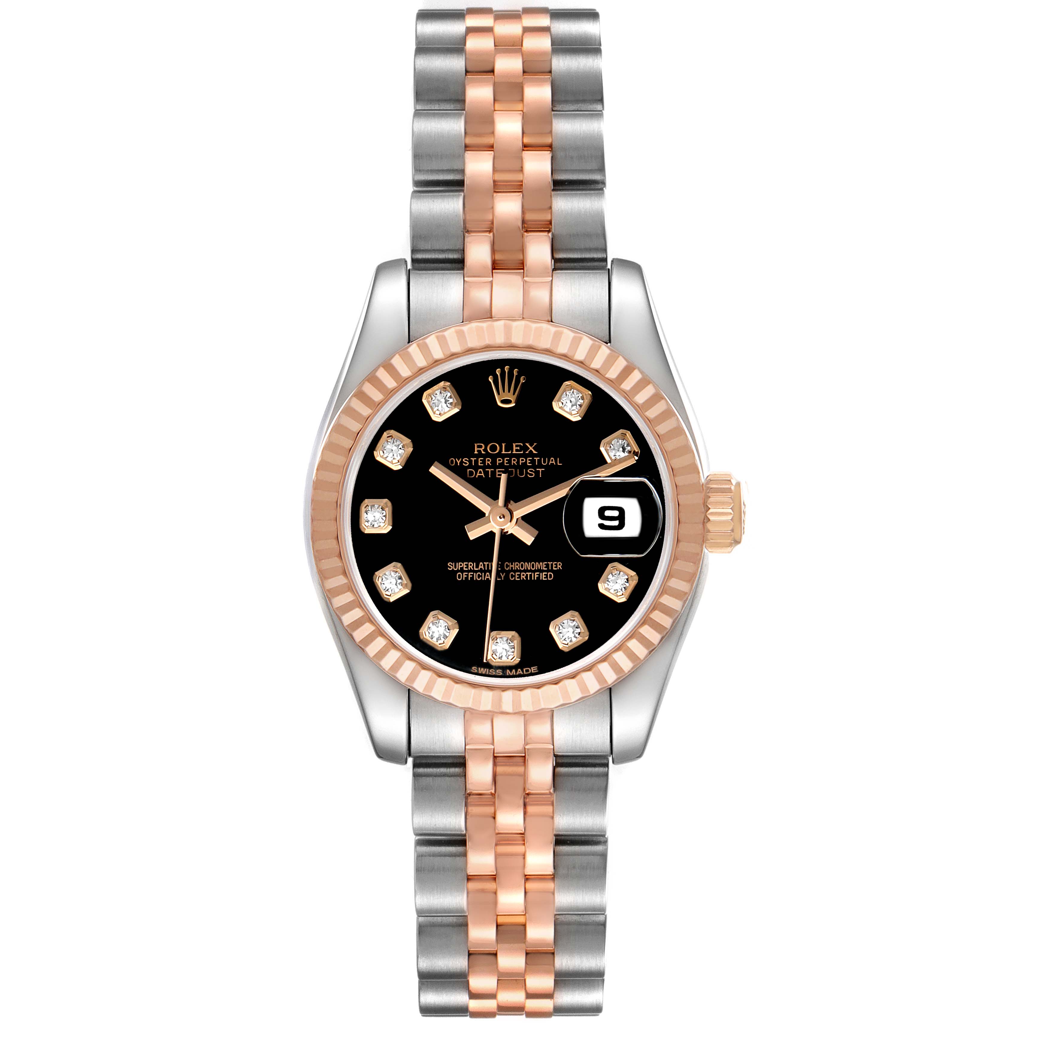 The Rolex Datejust 179171 Women's Steel and Gold (two tone) Black Dial watch is shown from a direct front angle, displaying the dial, bezel, and bracelet in two-tone metal.