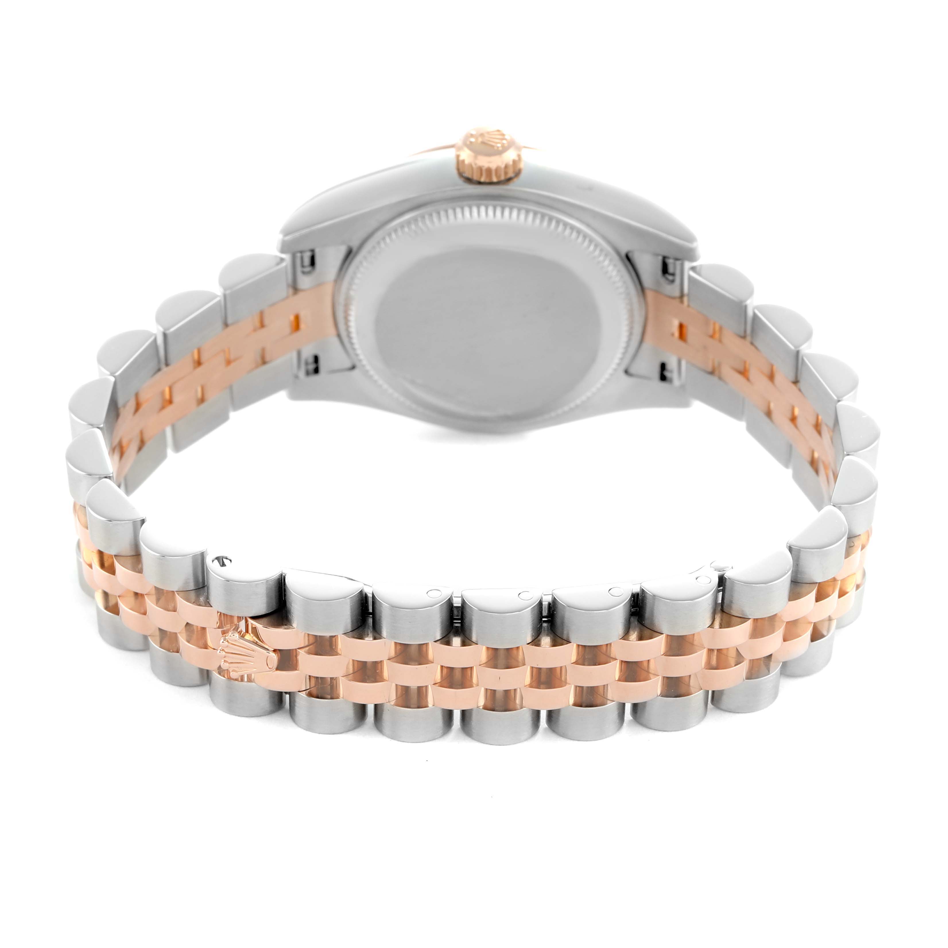 The image shows the back view of a Rolex Datejust 179171 Women's Steel and Gold (two tone) Black Dial, highlighting the case back and two-tone bracelet.