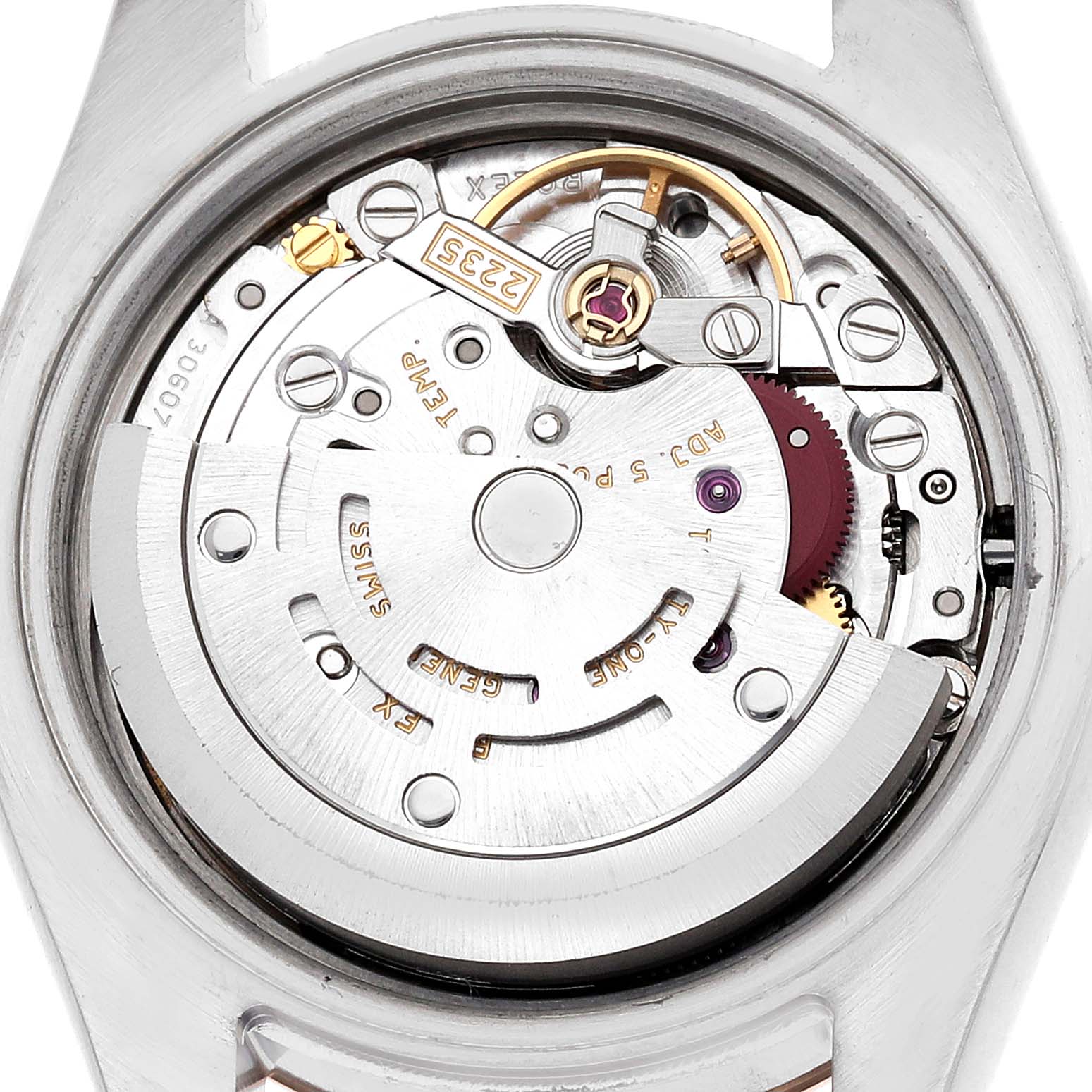 The image shows the movement and inner mechanics of a Rolex Datejust 179171 Women's Steel and Gold (two tone) Black Dial, viewed from the back.
