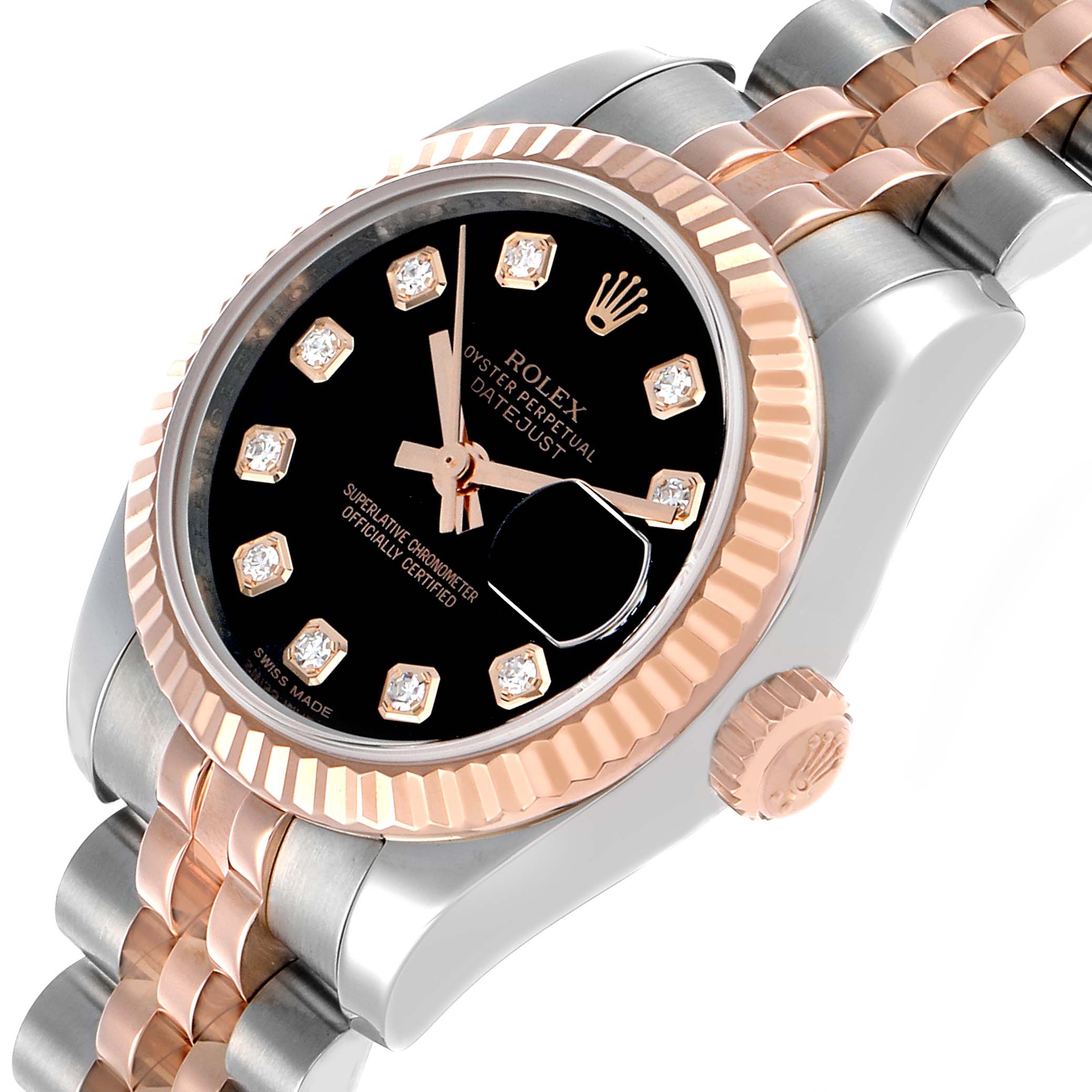This Rolex Datejust 179171 Women's Steel and Gold (two tone) Black Dial watch is shown from a slight side angle, highlighting the dial, bezel, crown, and bracelet.