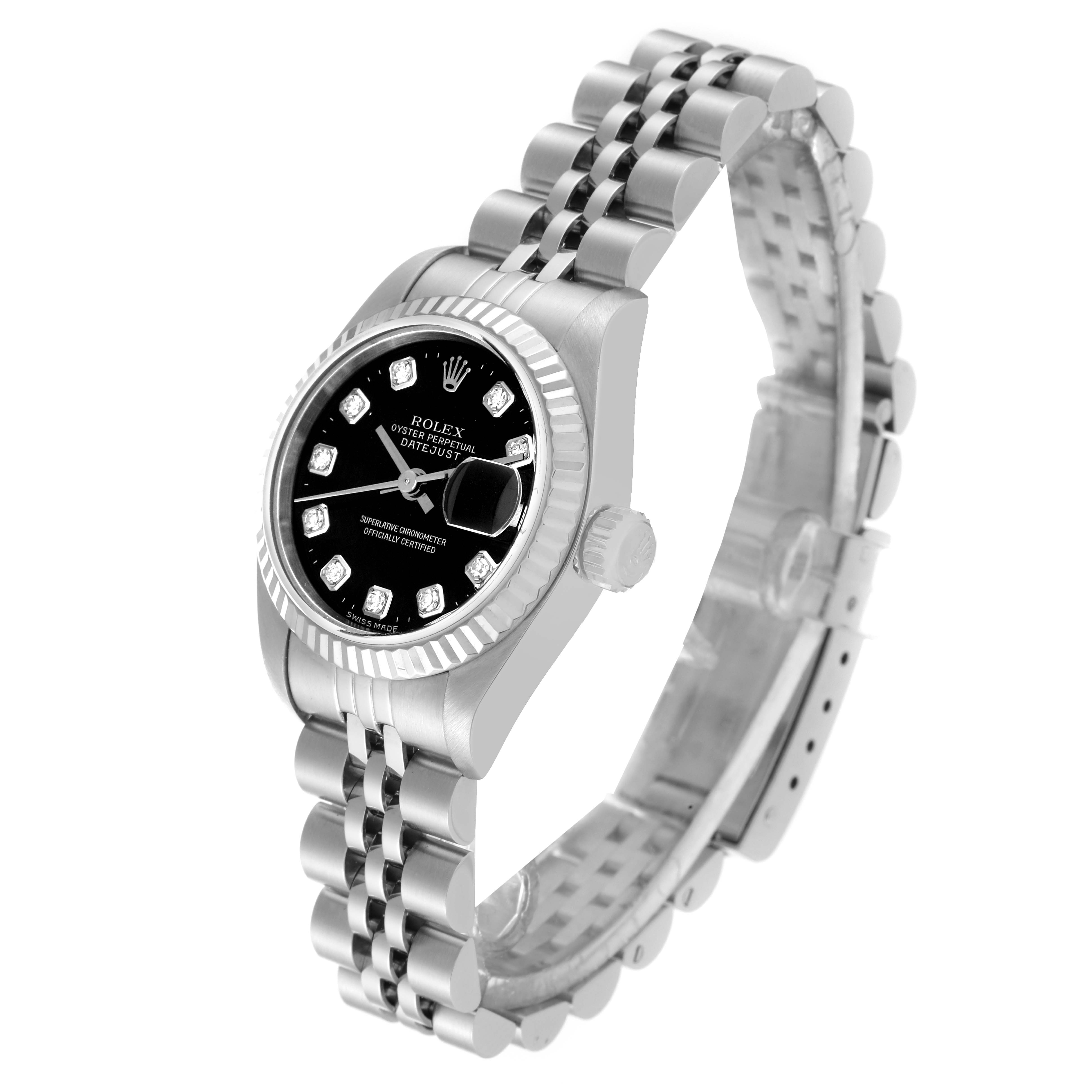 The image shows a Rolex Datejust 69174 Women's Stainless Steel Black Dial 69174 Women's Stainless Steel Black Dial watch from an angled side view, highlighting the face, bezel, and linked bracelet.