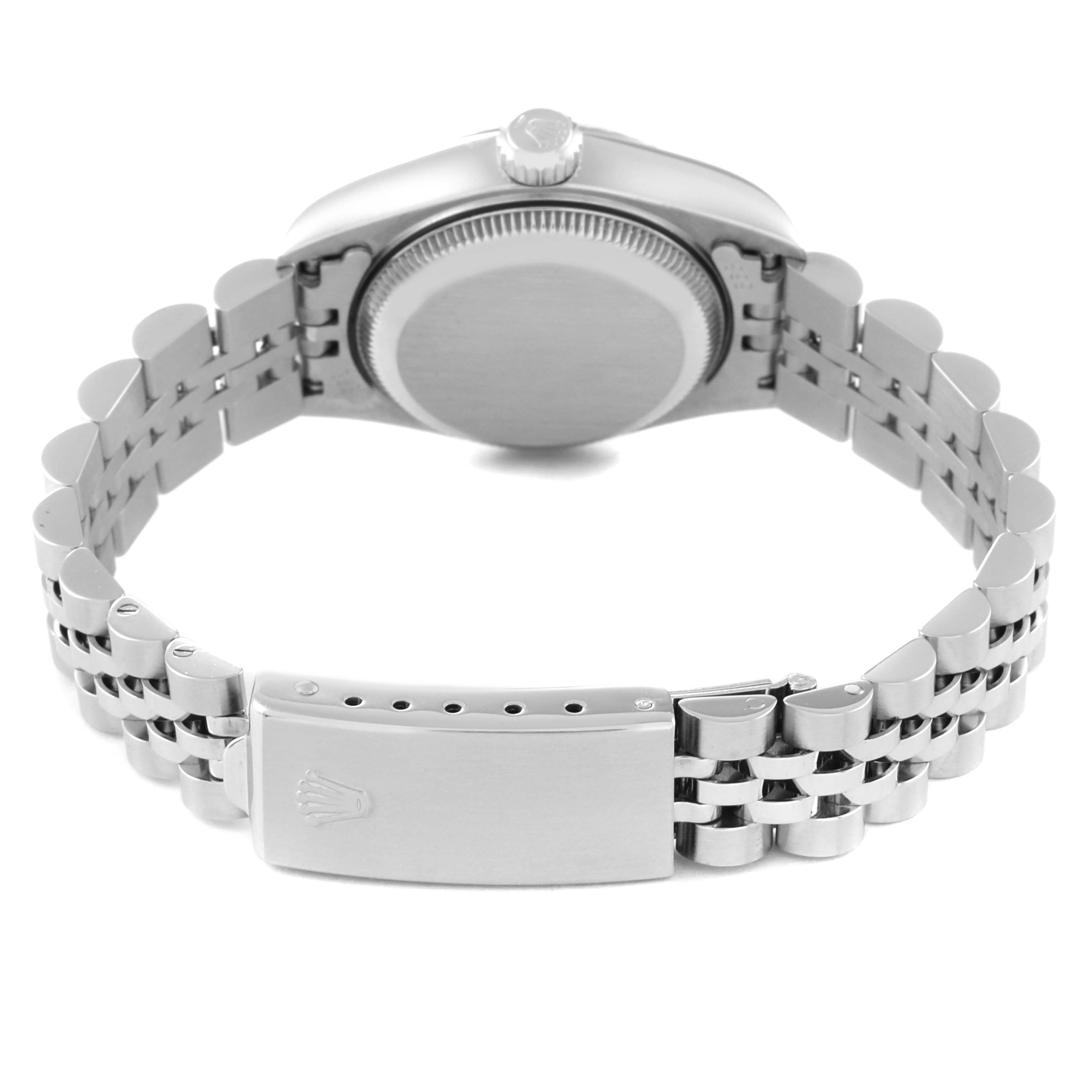 The image shows the back case and bracelet clasp of a Rolex Datejust 69174 Women's Stainless Steel Black Dial 69174 Women's Stainless Steel Black Dial watch taken from the rear angle.