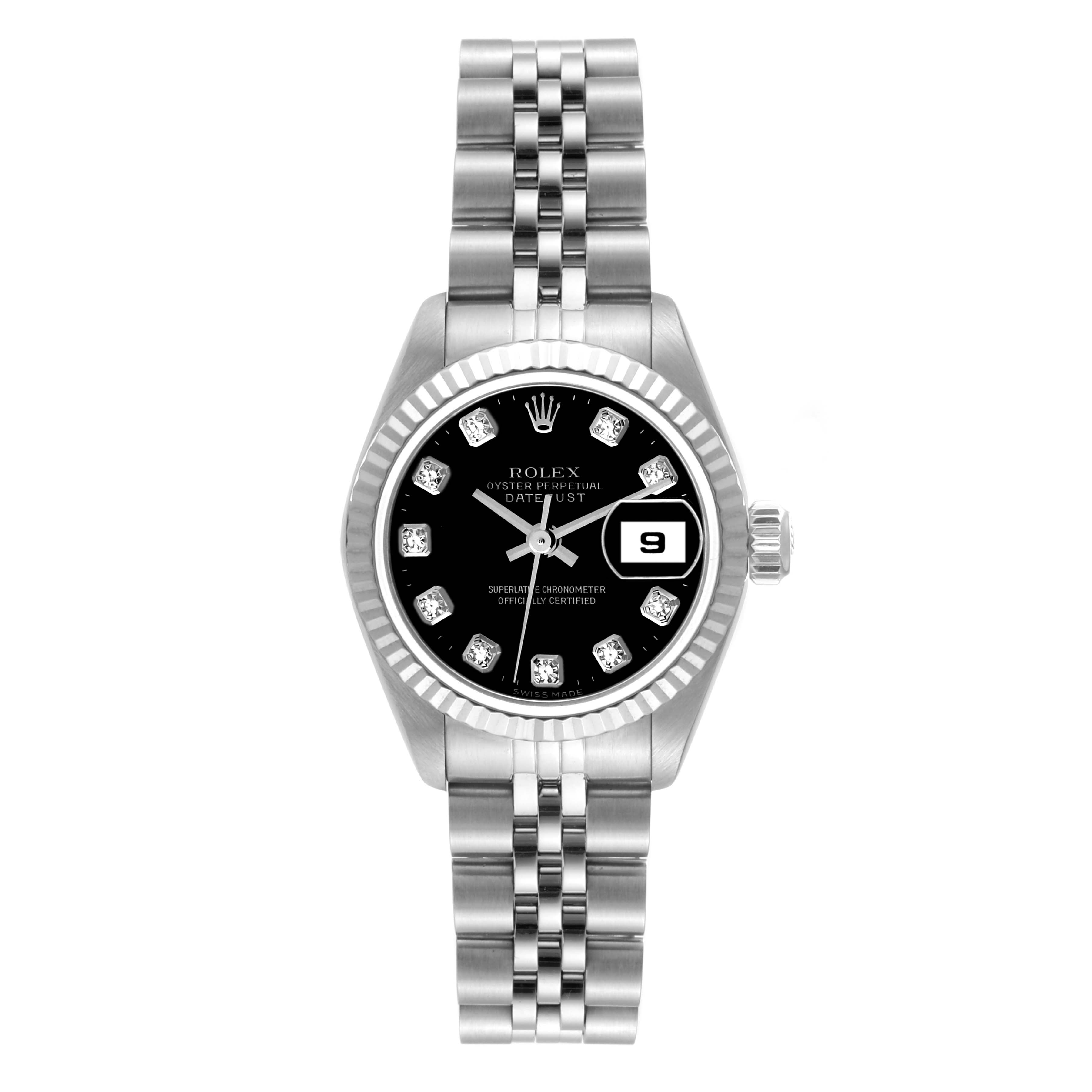 The image shows a Rolex Datejust 69174 Women's Stainless Steel Black Dial 69174 Women's Stainless Steel Black Dial watch from a front angle, highlighting its black dial, date window, and jubilee bracelet.