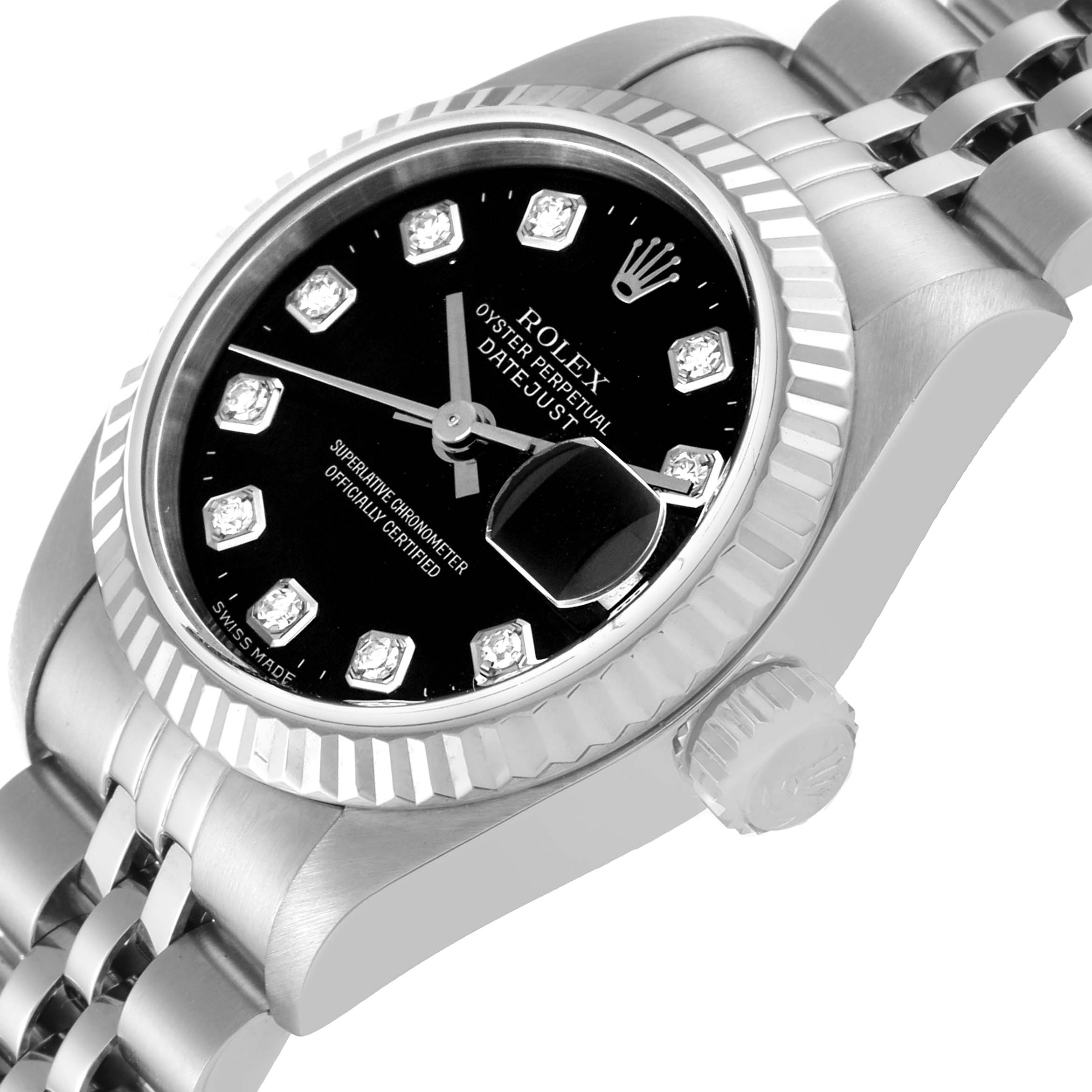 The image shows a close-up angled view of the Rolex Datejust 69174 Women's Stainless Steel Black Dial 69174 Women's Stainless Steel Black Dial watch, highlighting the dial, bezel, crown, and part of the bracelet.