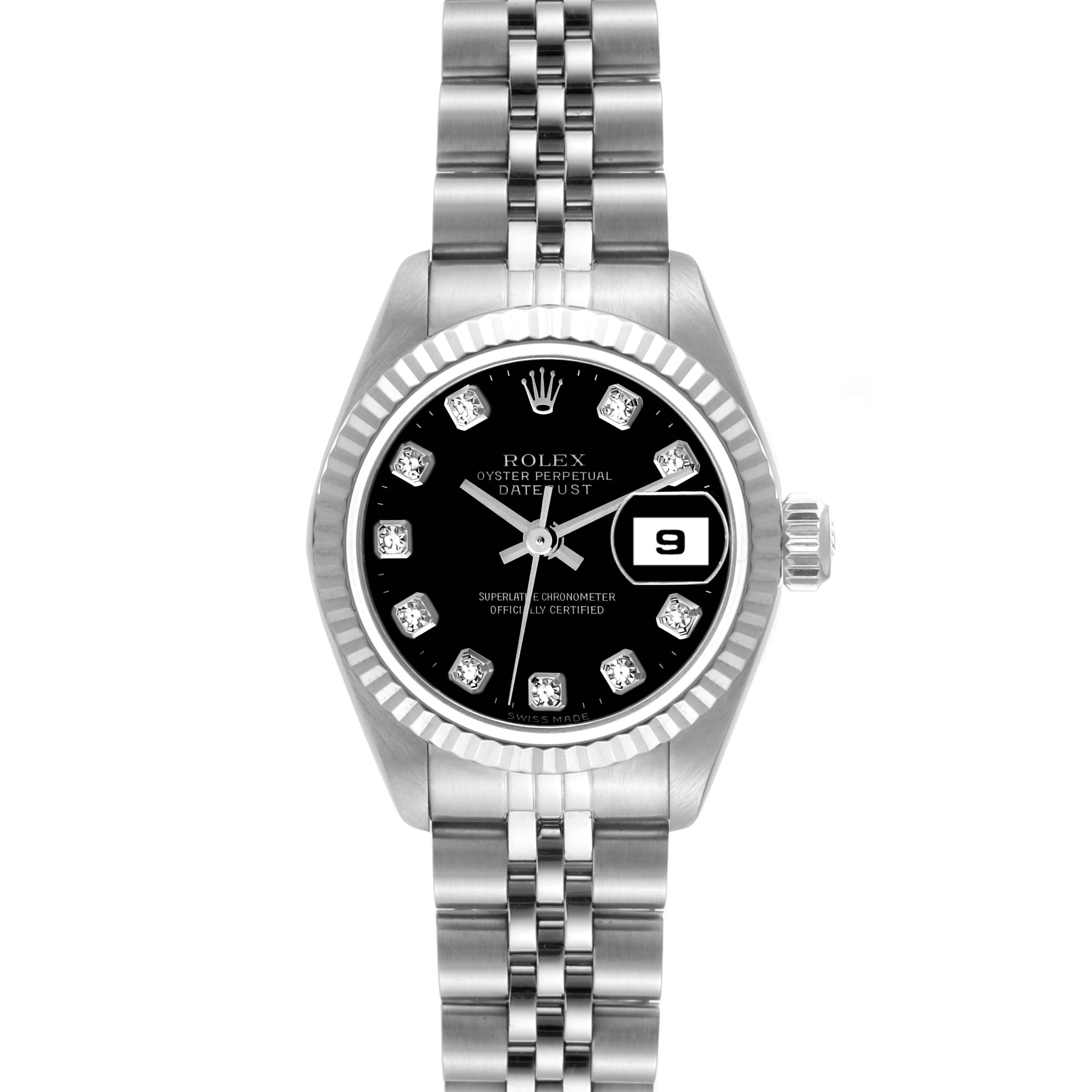 The image shows a front view of the Rolex Datejust 69174 Women's Stainless Steel Black Dial 69174 Women's Stainless Steel Black Dial watch, highlighting its black dial, date feature, and stainless steel bracelet.