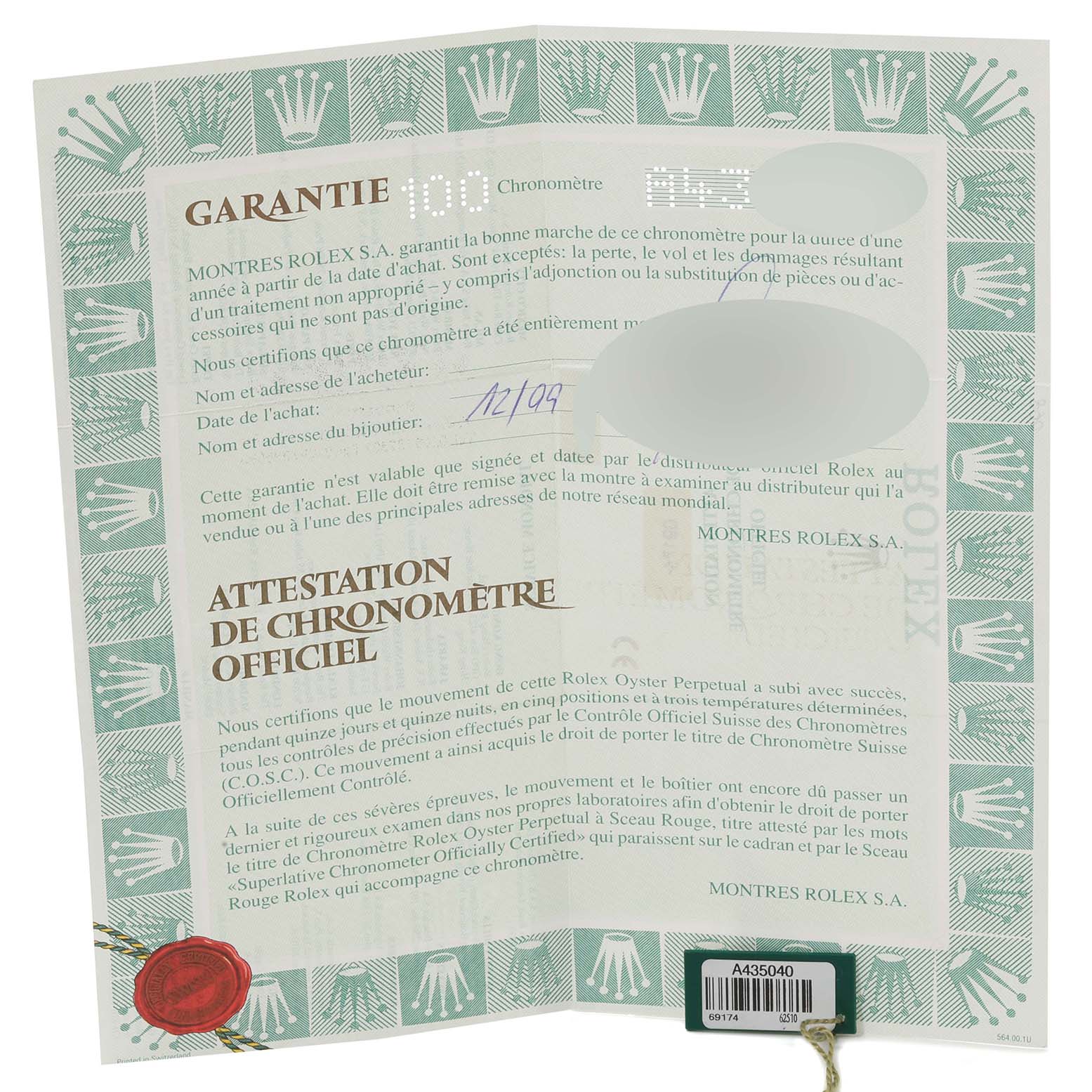 The image shows warranty papers and an official chronometer certificate for the Rolex Datejust 69174 Women's Stainless Steel Black Dial 69174 Women's Stainless Steel Black Dial model.