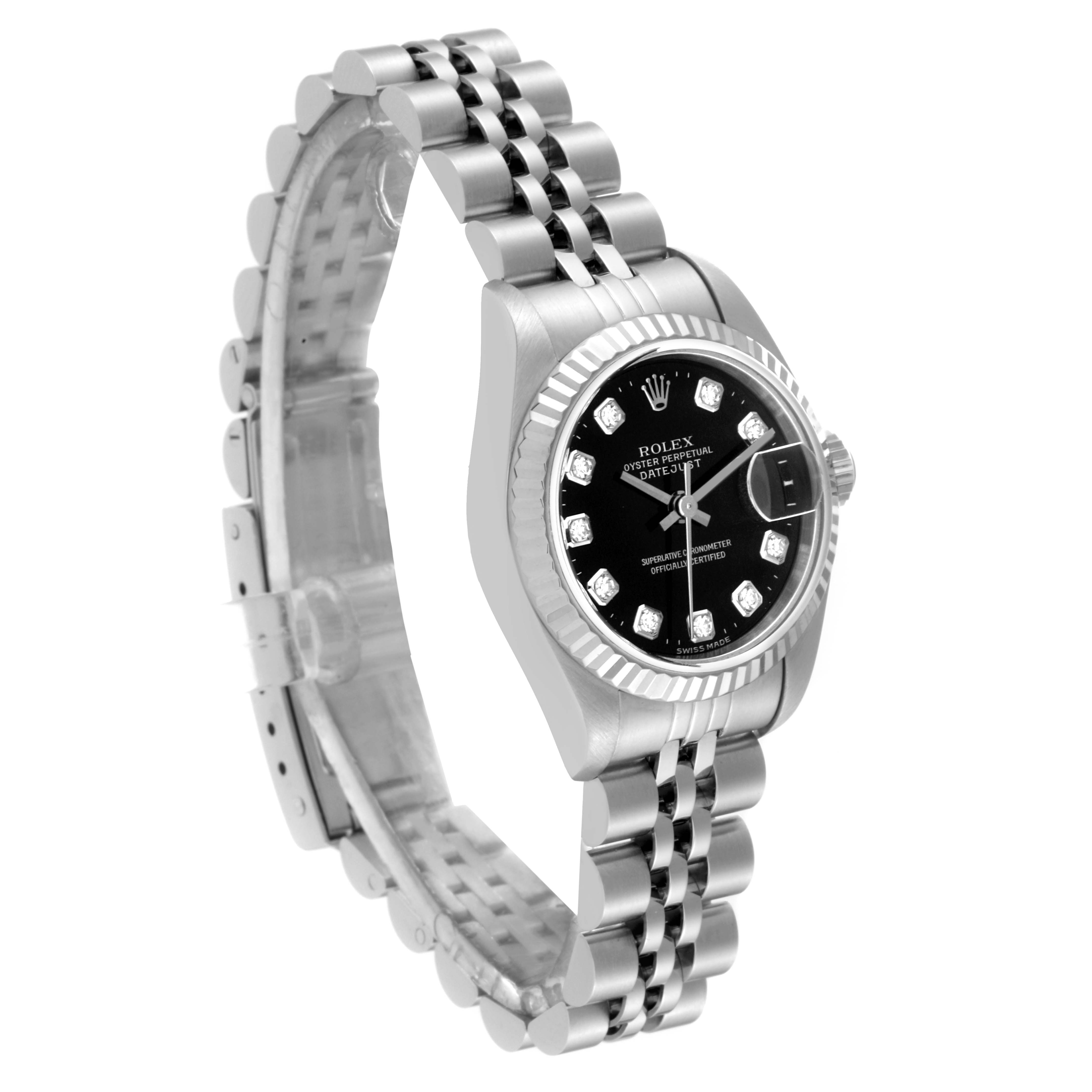 This image shows a side and front view of a Rolex Datejust 69174 Women's Stainless Steel Black Dial 69174 Women's Stainless Steel Black Dial watch, highlighting its black dial and metal bracelet.
