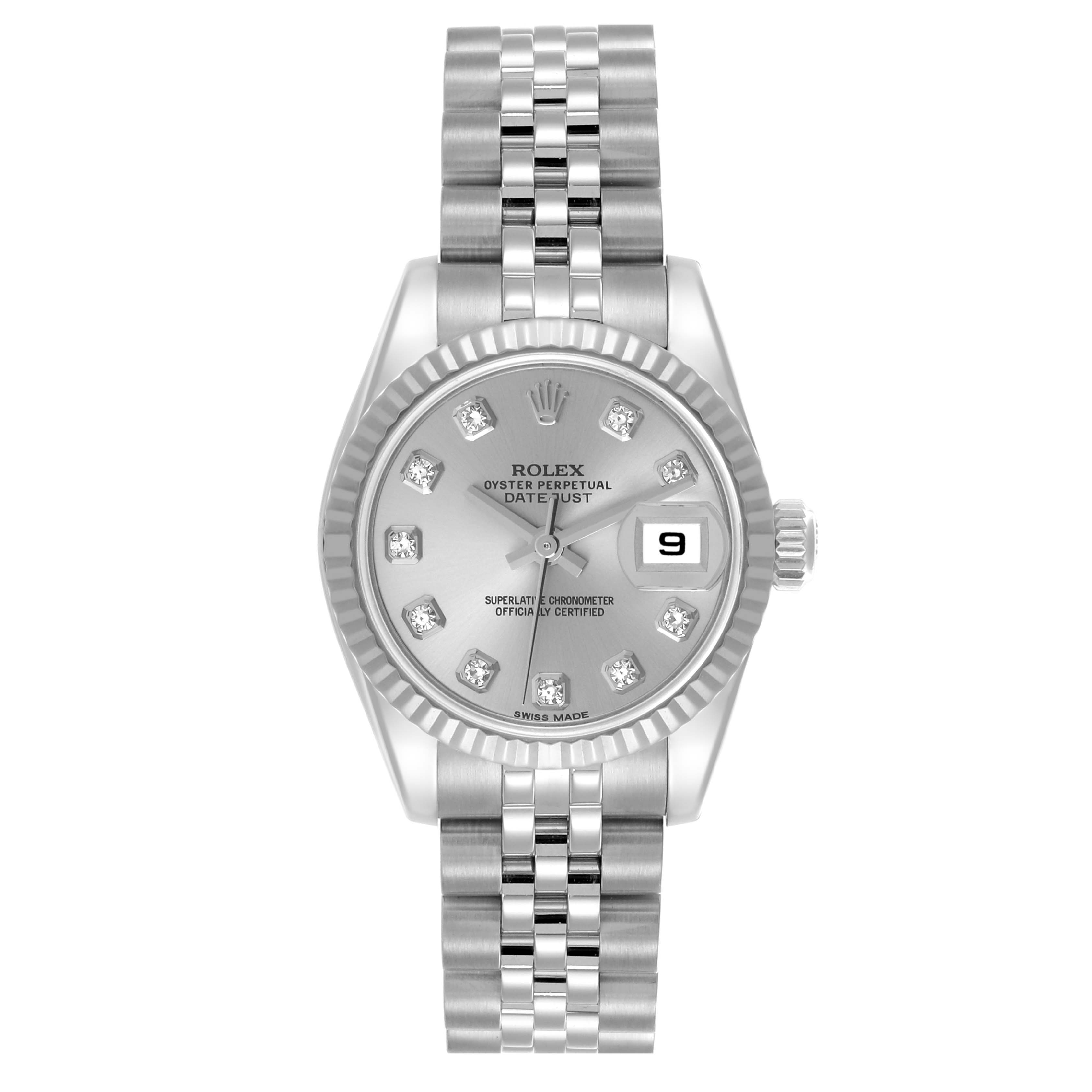 The Rolex Datejust 179174 Women's Stainless Steel Silver Dial 179174 Women's Stainless Steel Silver Dial watch is shown from a top-down angle, featuring the dial, bezel, crown, and bracelet.