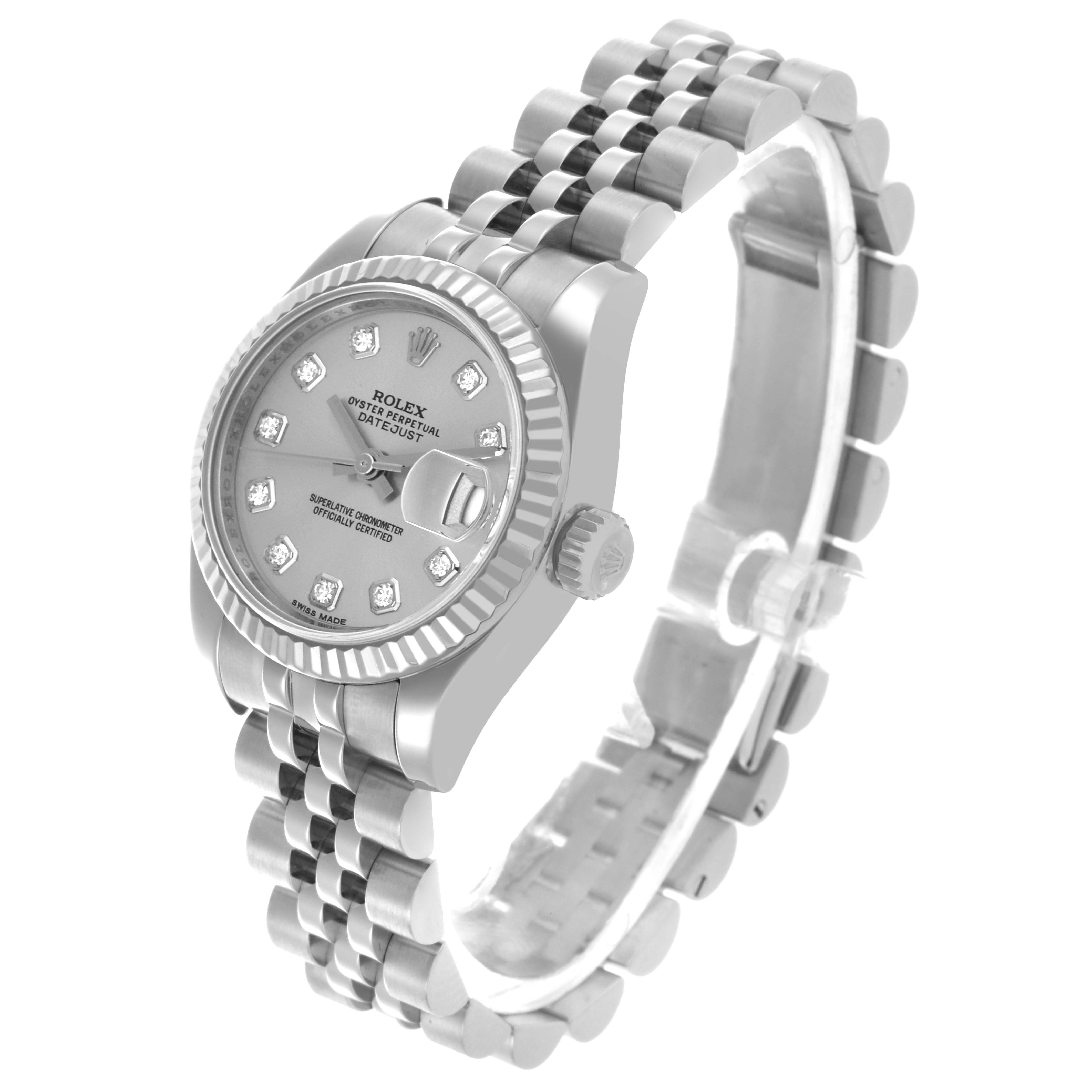 The Rolex Datejust 179174 Women's Stainless Steel Silver Dial 179174 Women's Stainless Steel Silver Dial is shown at an angled side view, displaying the dial, bezel, and part of the bracelet.