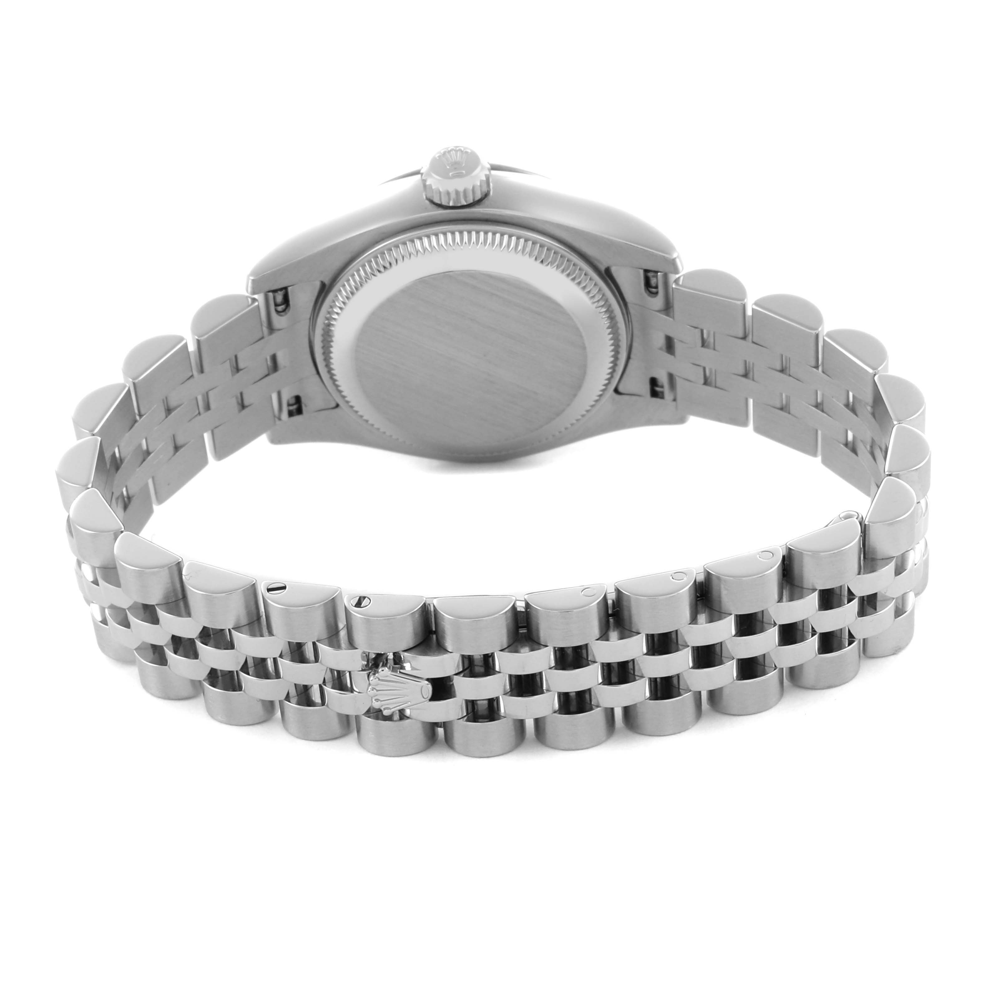 The image shows the back case and bracelet of a Rolex Datejust 179174 Women's Stainless Steel Silver Dial 179174 Women's Stainless Steel Silver Dial watch at a rear angle.