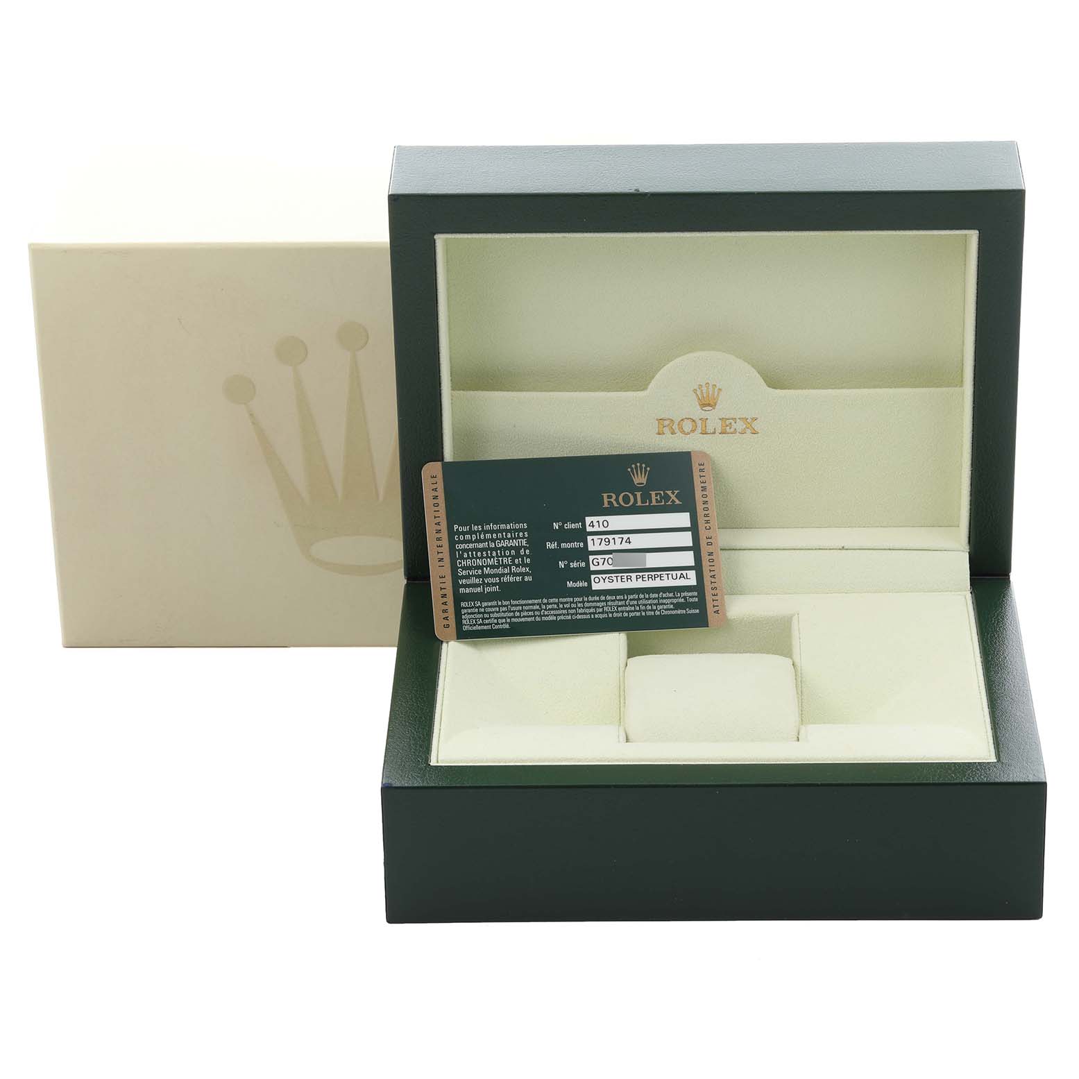 The image shows a Rolex Datejust 179174 Women's Stainless Steel Silver Dial 179174 Women's Stainless Steel Silver Dial box and authenticity card displayed at an angled view.