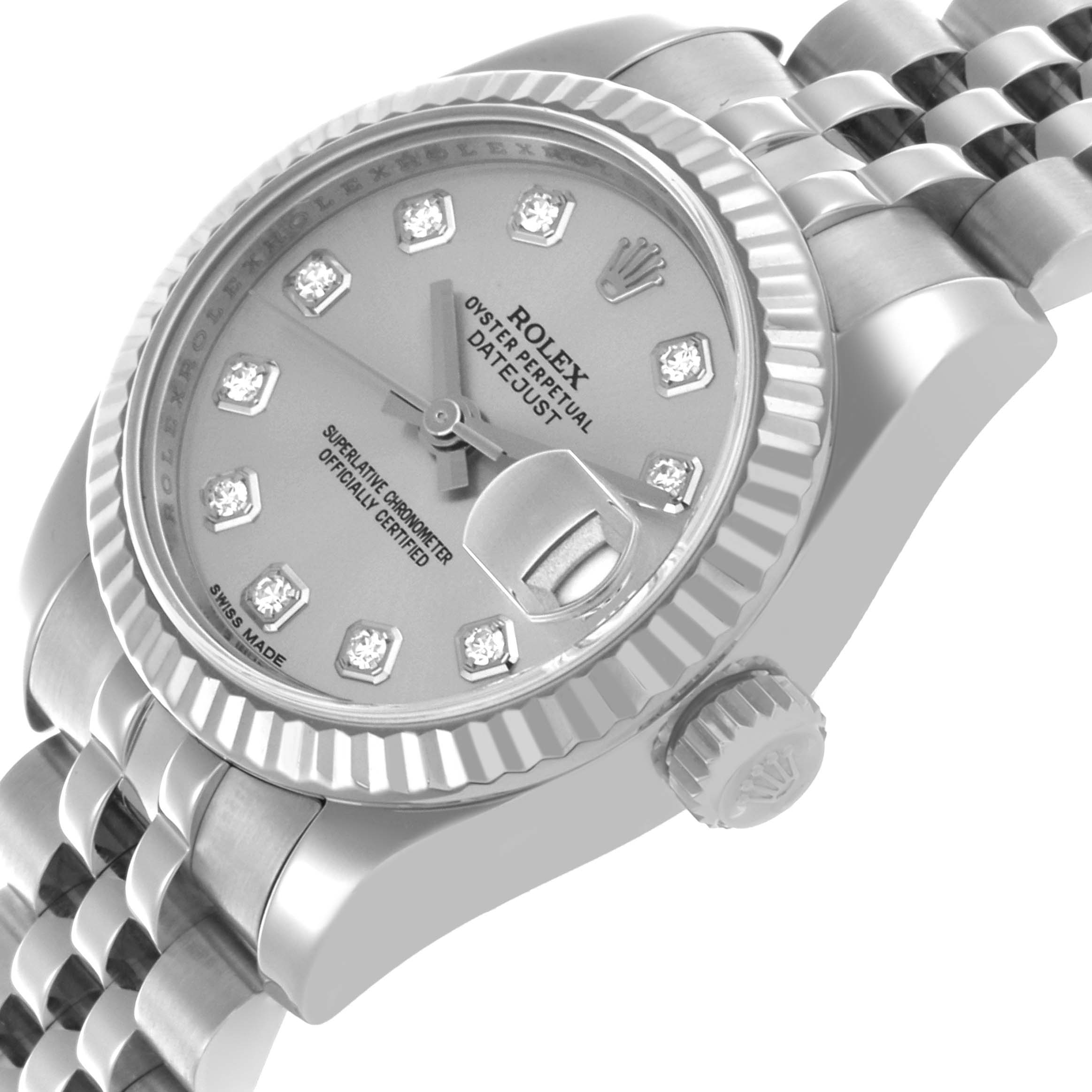 The Rolex Datejust 179174 Women's Stainless Steel Silver Dial 179174 Women's Stainless Steel Silver Dial watch is shown at a slight side angle, highlighting the face, bezel, crown, and bracelet.
