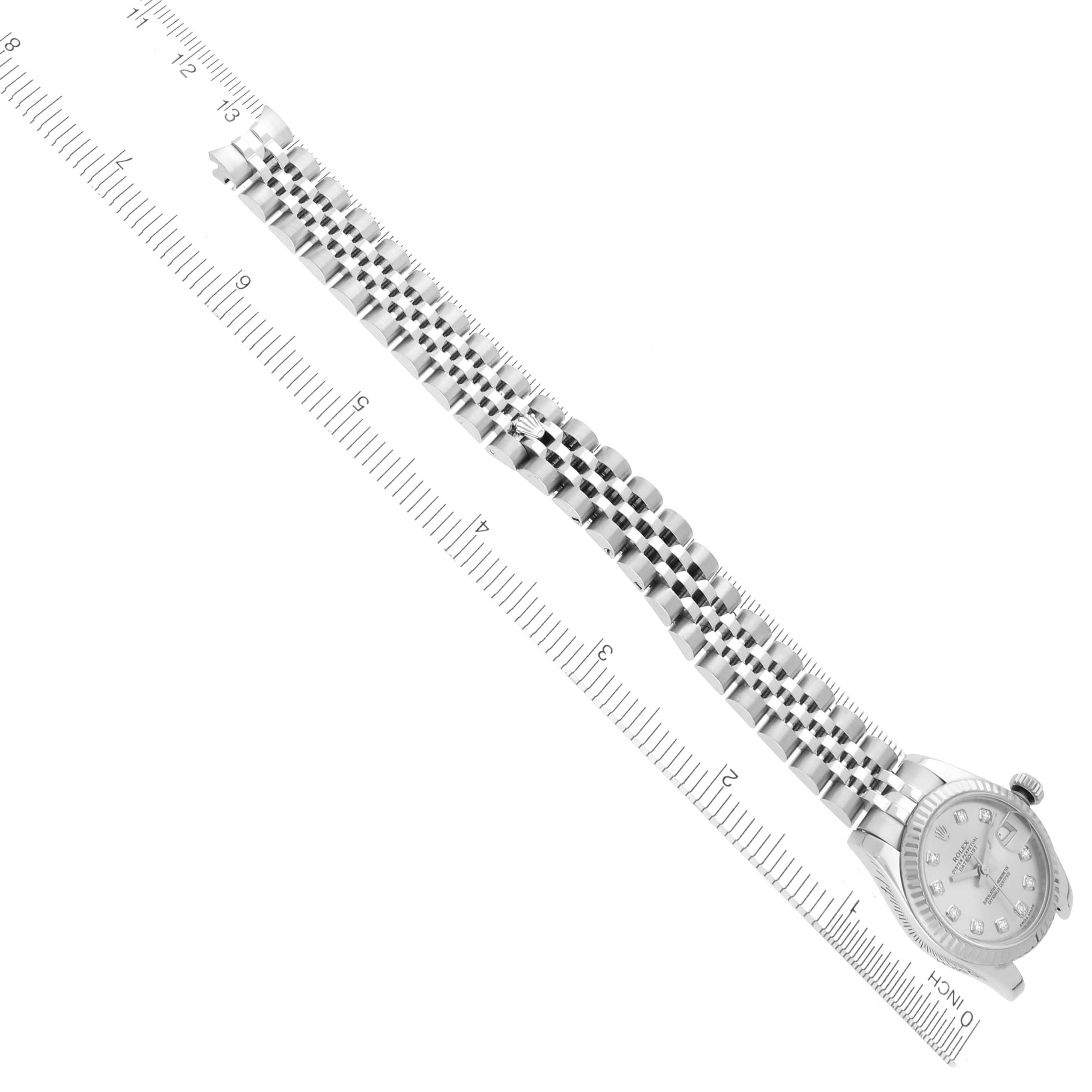 The Rolex Datejust 179174 Women's Stainless Steel Silver Dial 179174 Women's Stainless Steel Silver Dial watch is shown from an overhead angle, displaying the bracelet, case, and part of the dial.