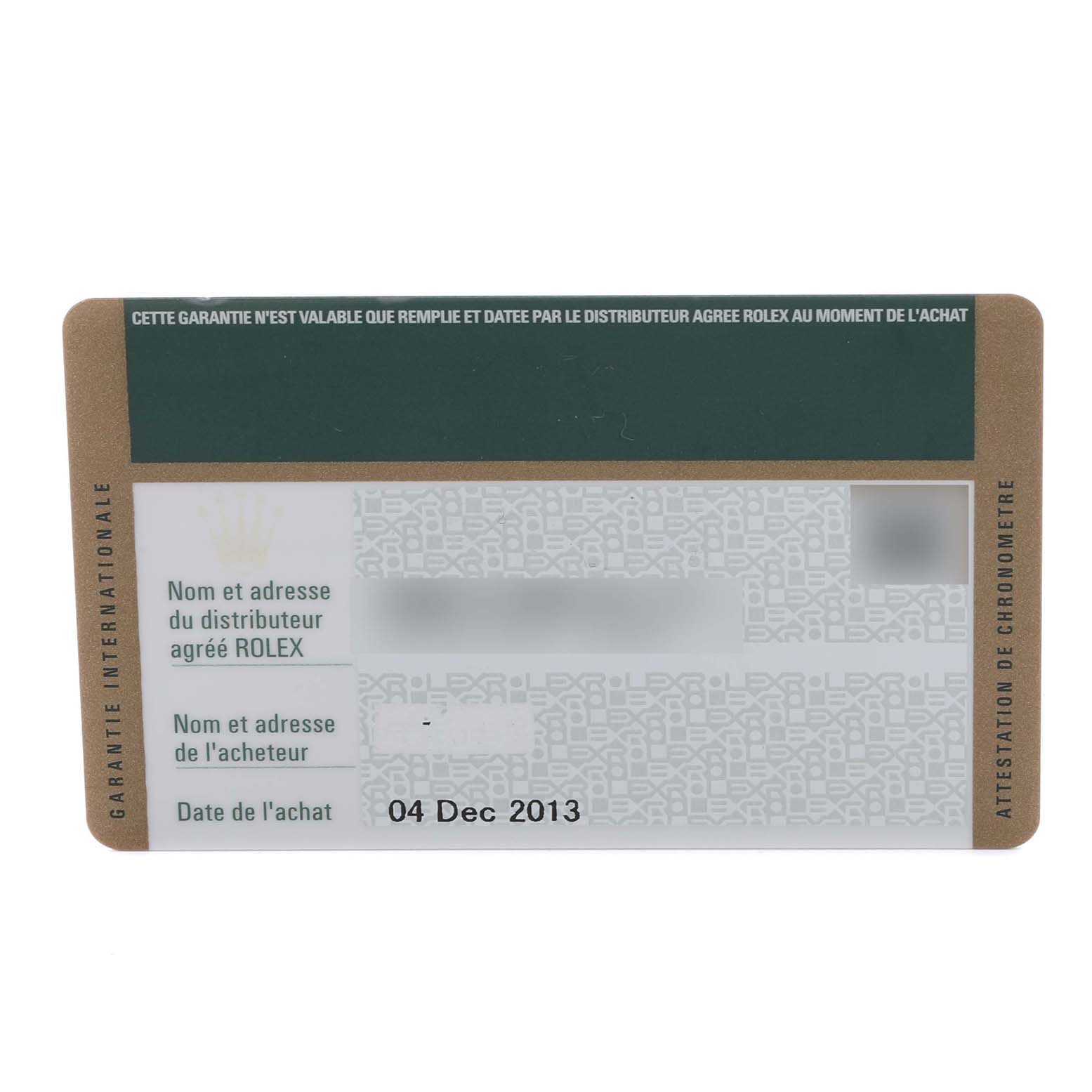 This image shows a Rolex Datejust 179174 Women's Stainless Steel Silver Dial 179174 Women's Stainless Steel Silver Dial warranty card with purchase details visible.