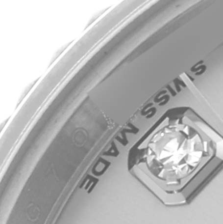 The image shows a close-up of the dial edge and bezel of a Rolex Datejust 179174 Women's Stainless Steel Silver Dial 179174 Women's Stainless Steel Silver Dial, highlighting the diamond marker and "SWISS MADE" text.