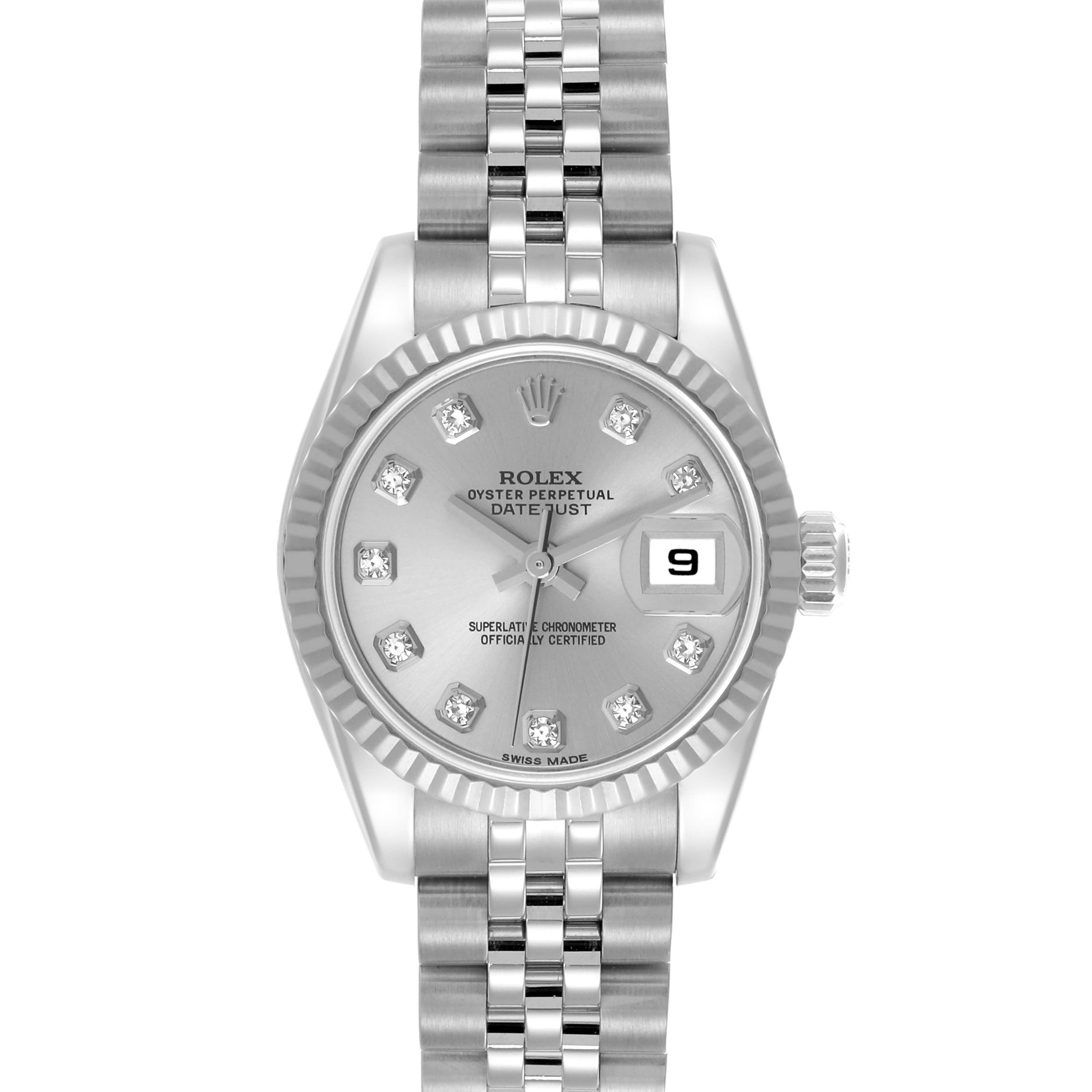 The Rolex Datejust 179174 Women's Stainless Steel Silver Dial 179174 Women's Stainless Steel Silver Dial is shown from the front, displaying the face, bezel, and Jubilee bracelet.