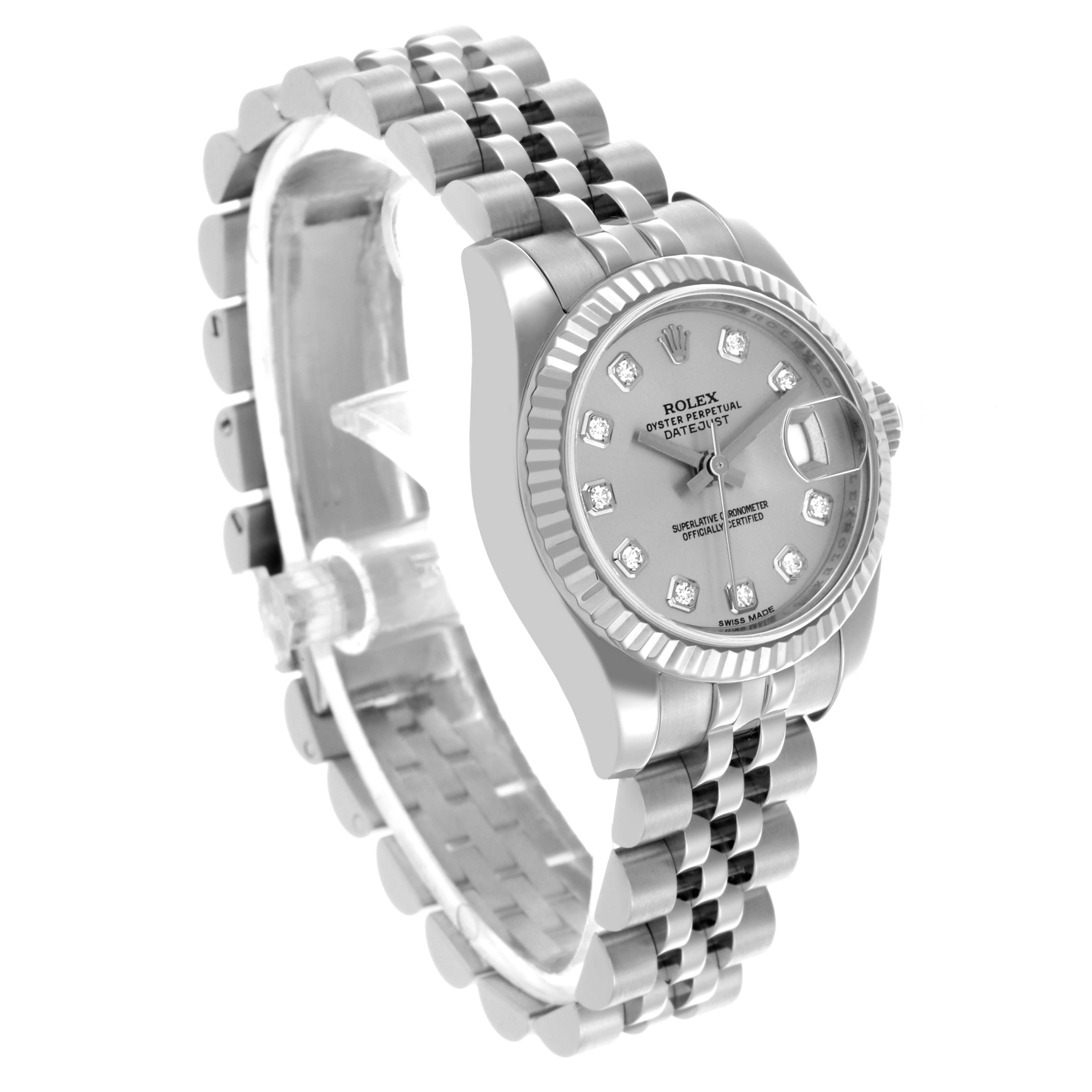 The Rolex Datejust 179174 Women's Stainless Steel Silver Dial 179174 Women's Stainless Steel Silver Dial watch is shown at a three-quarter angle, displaying the face, case, and bracelet.
