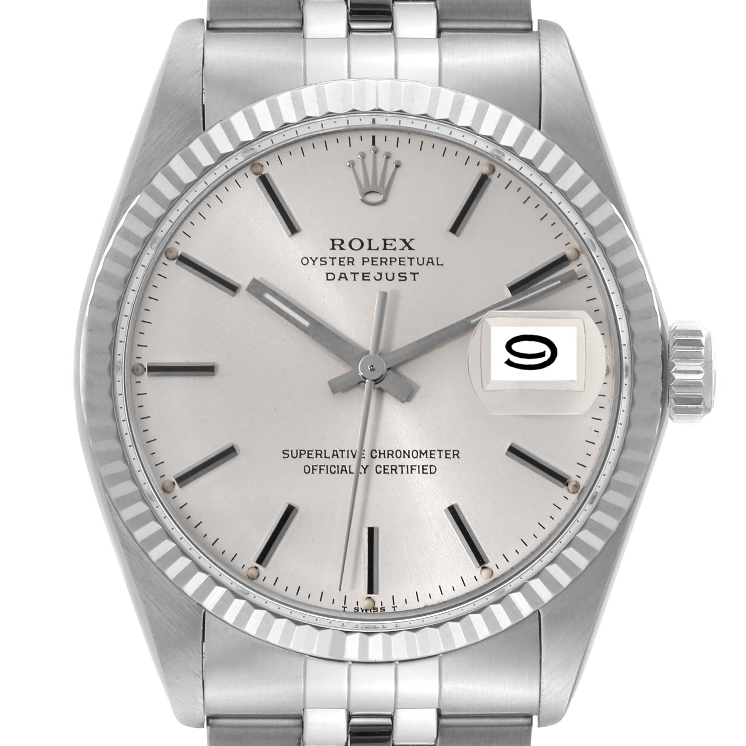 This image shows a close-up of the Rolex Vintage Collection 16014 Men's Stainless Steel Silver Dial 16014 Men's Stainless Steel Silver Dial Datejust, featuring the dial, hands, date window, and part of the bracelet.