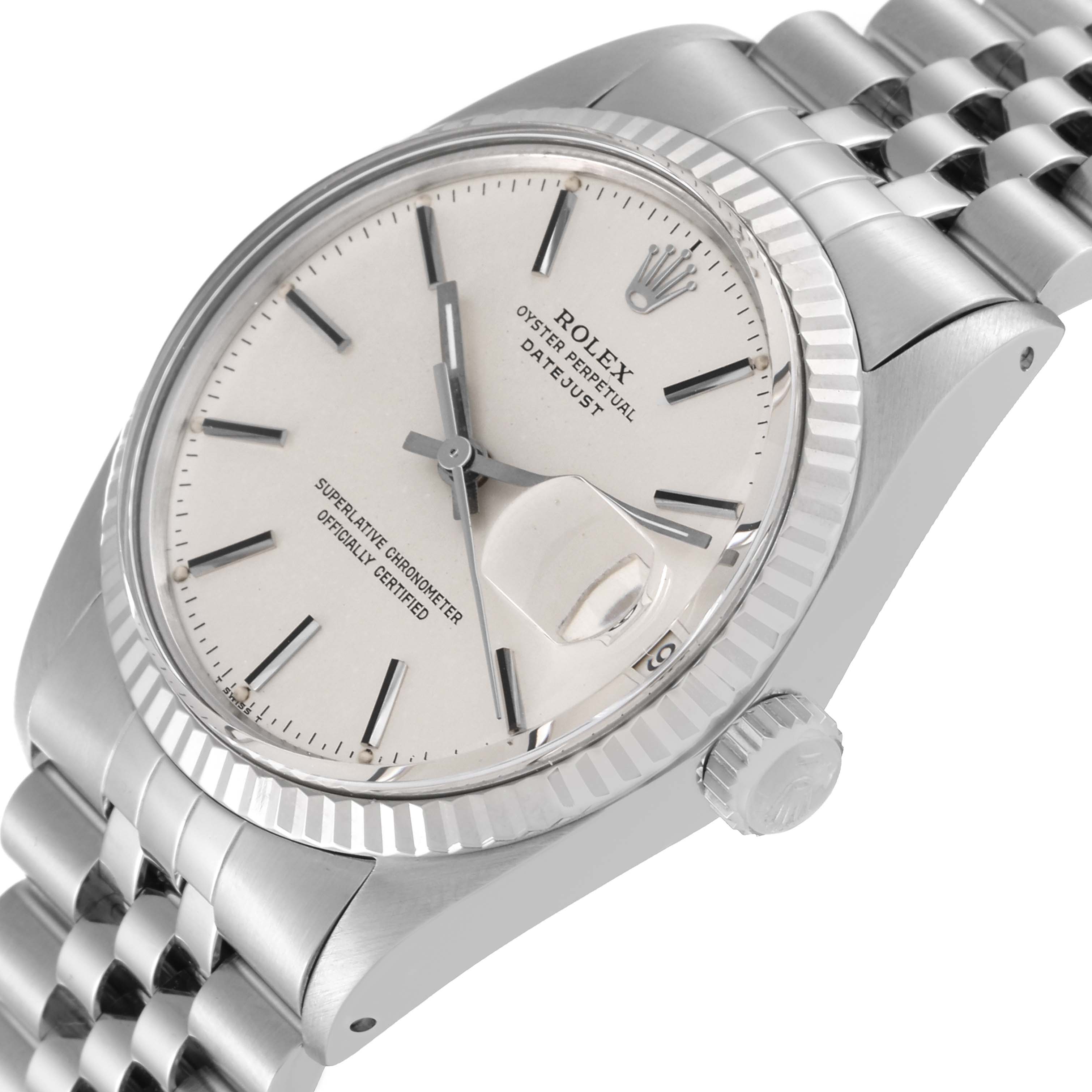 This image shows a Rolex Vintage Collection 16014 Men's Stainless Steel Silver Dial 16014 Men's Stainless Steel Silver Dial watch at an angled close-up, highlighting the face, crown, and a portion of the bracelet.