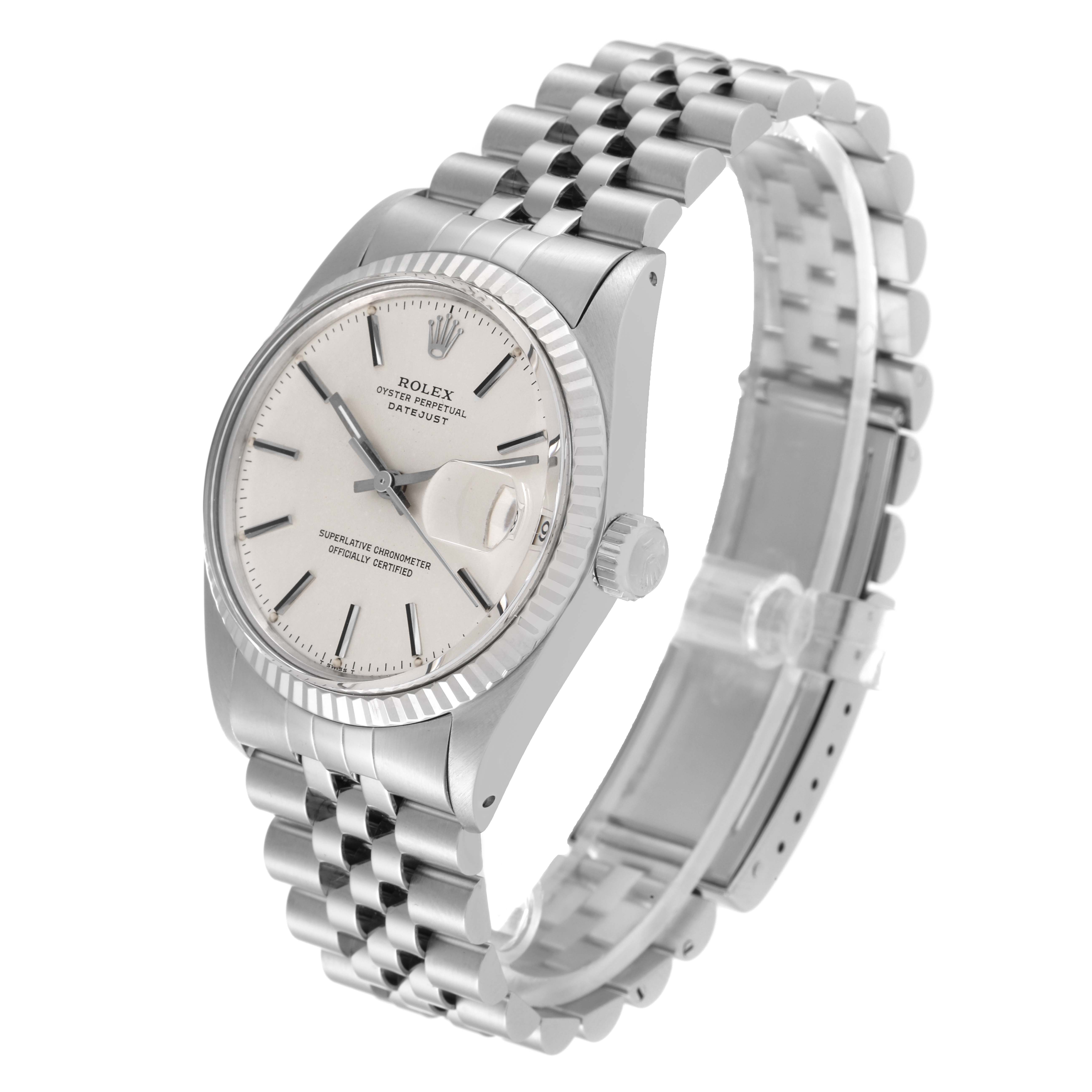 The image shows a Rolex Vintage Collection 16014 Men's Stainless Steel Silver Dial 16014 Men's Stainless Steel Silver Dial Datejust watch from a three-quarter angle, displaying the face, bezel, crown, and bracelet.