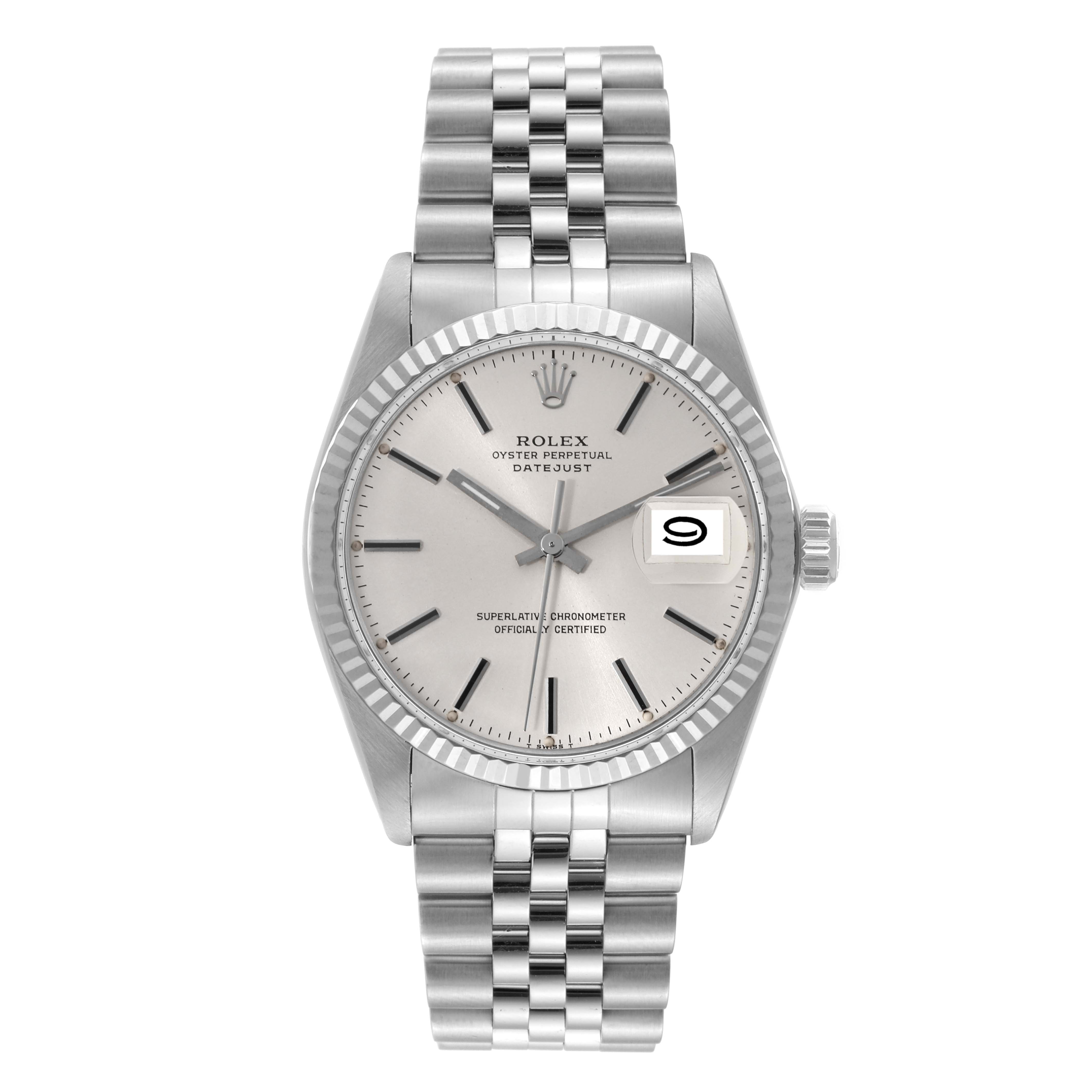 The Rolex Vintage Collection 16014 Men's Stainless Steel Silver Dial 16014 Men's Stainless Steel Silver Dial model is shown from the front, displaying the dial, hands, date, and bracelet in full detail.