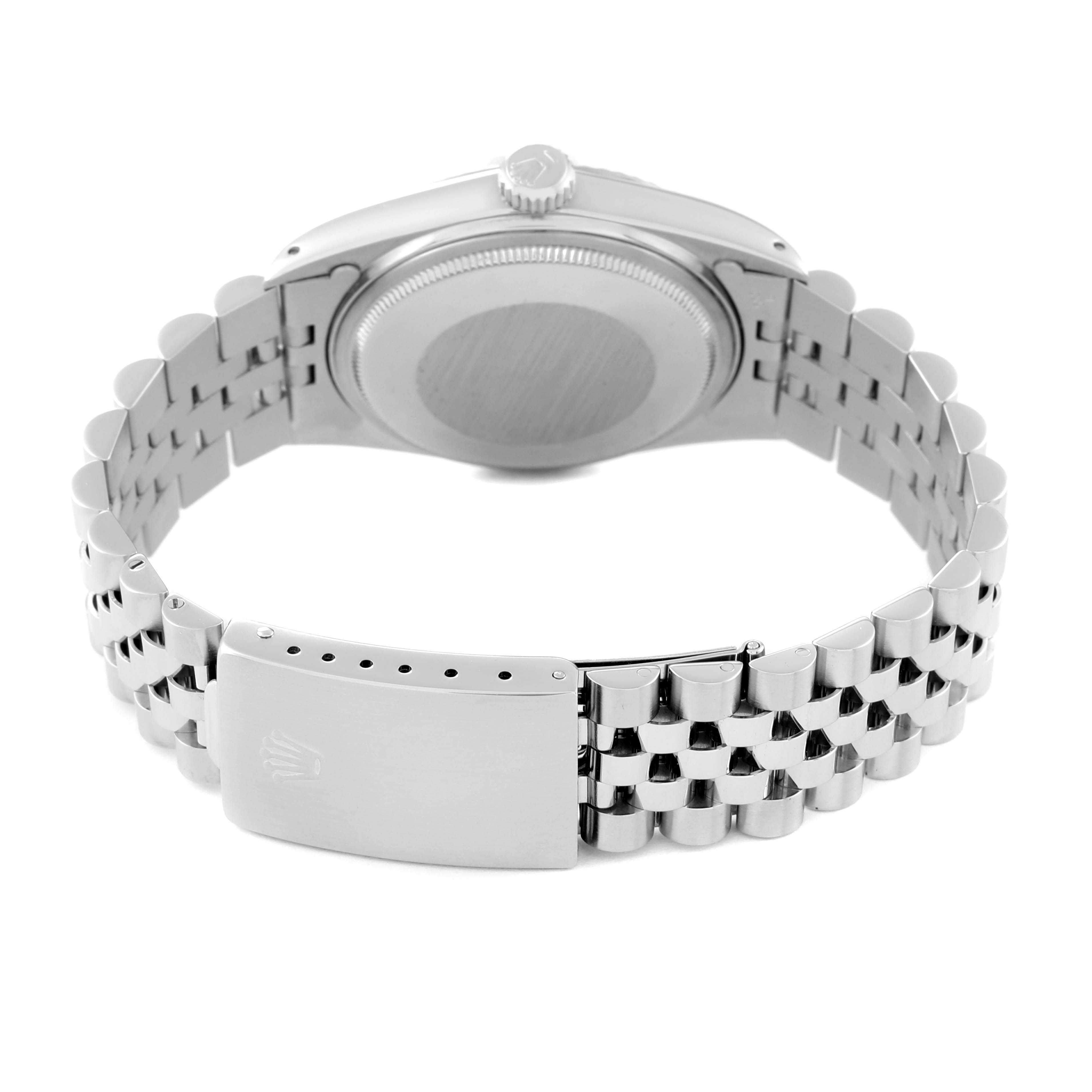 The image shows the back view of a Rolex Vintage Collection 16014 Men's Stainless Steel Silver Dial 16014 Men's Stainless Steel Silver Dial watch, highlighting the clasp, bracelet, and case back.