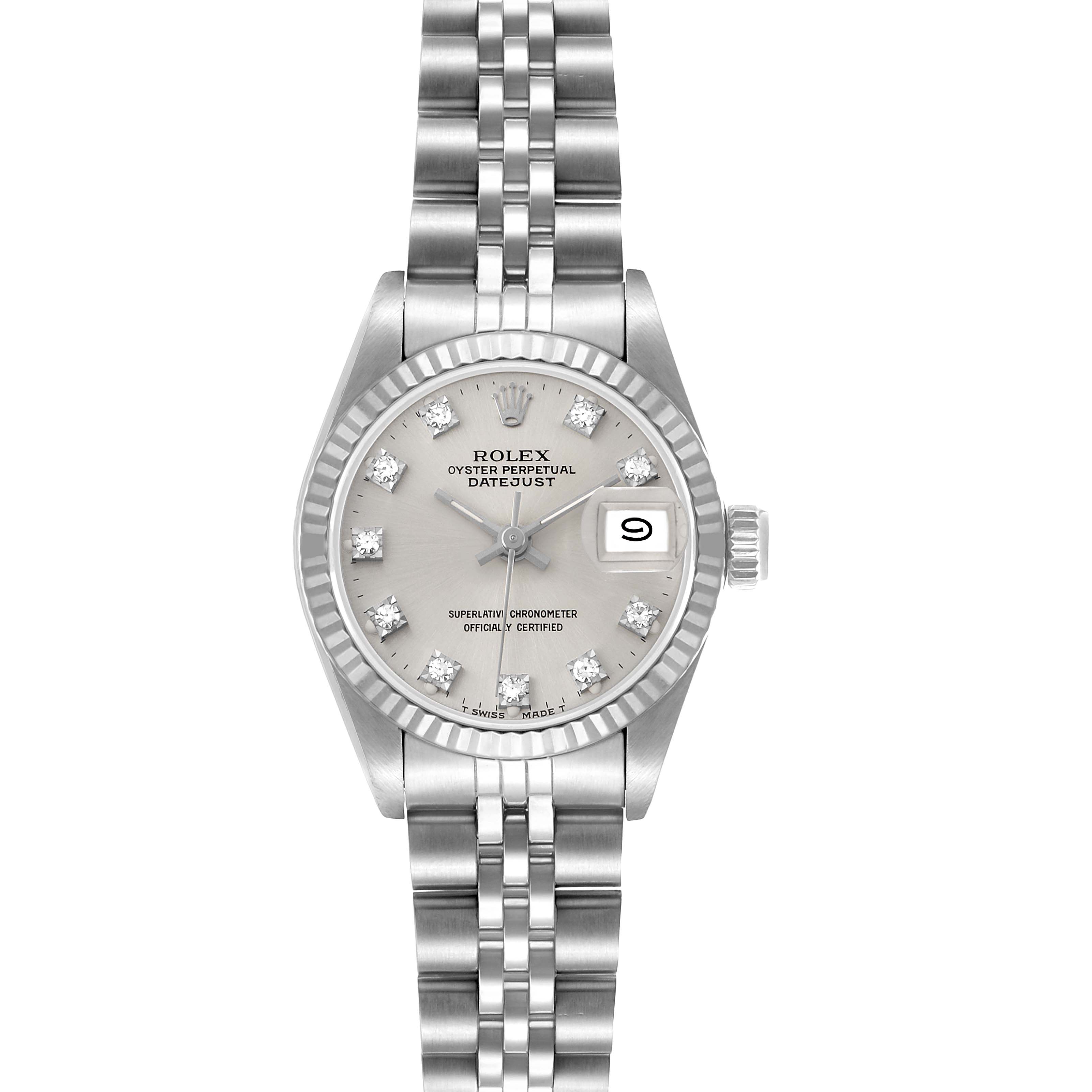 The Rolex Datejust 69174 Women's Stainless Steel Silver Dial watch is shown from the front, displaying the face, bezel, bracelet, and date window.