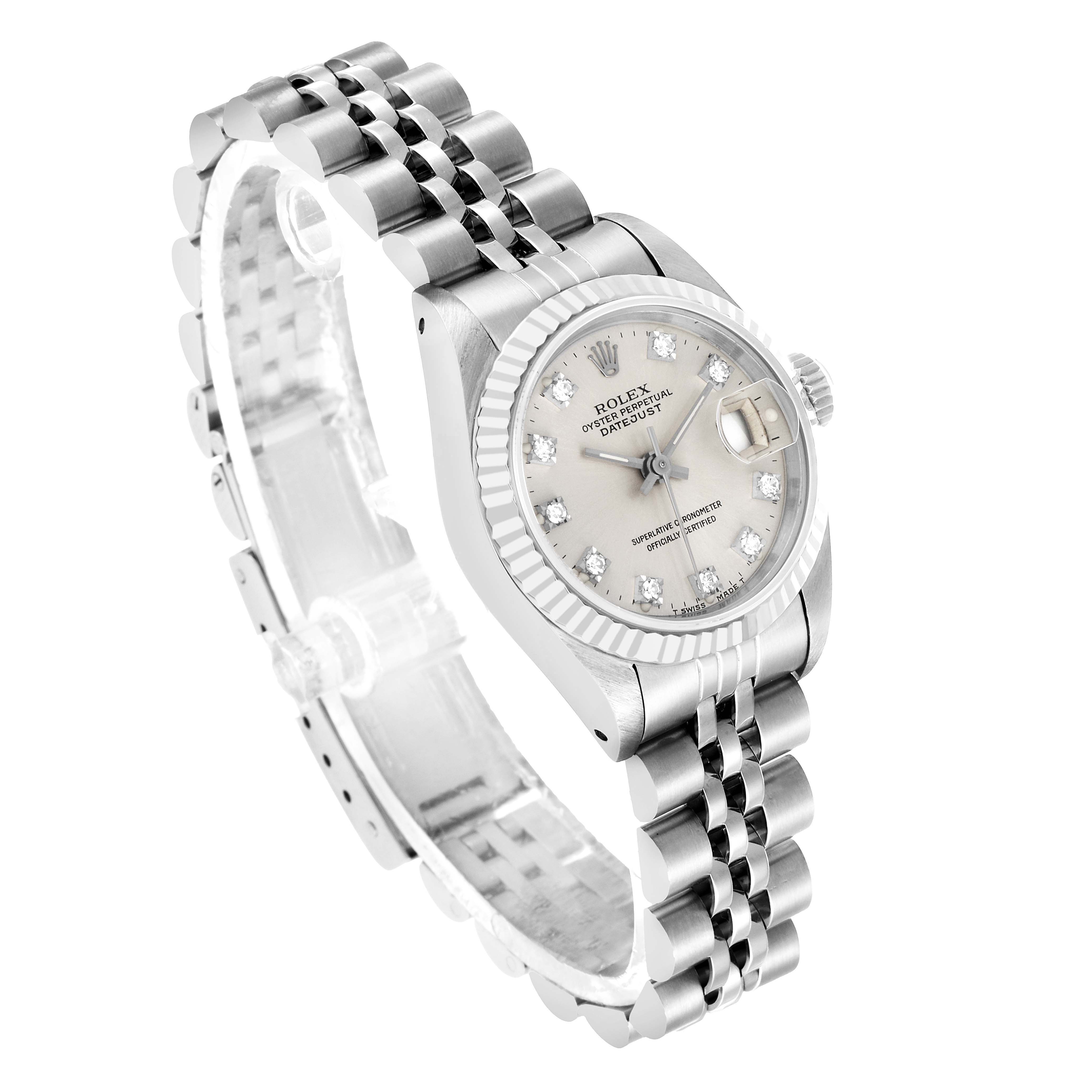 The Rolex Datejust 69174 Women's Stainless Steel Silver Dial watch is shown at a slight angle, highlighting the face, bezel, and bracelet.